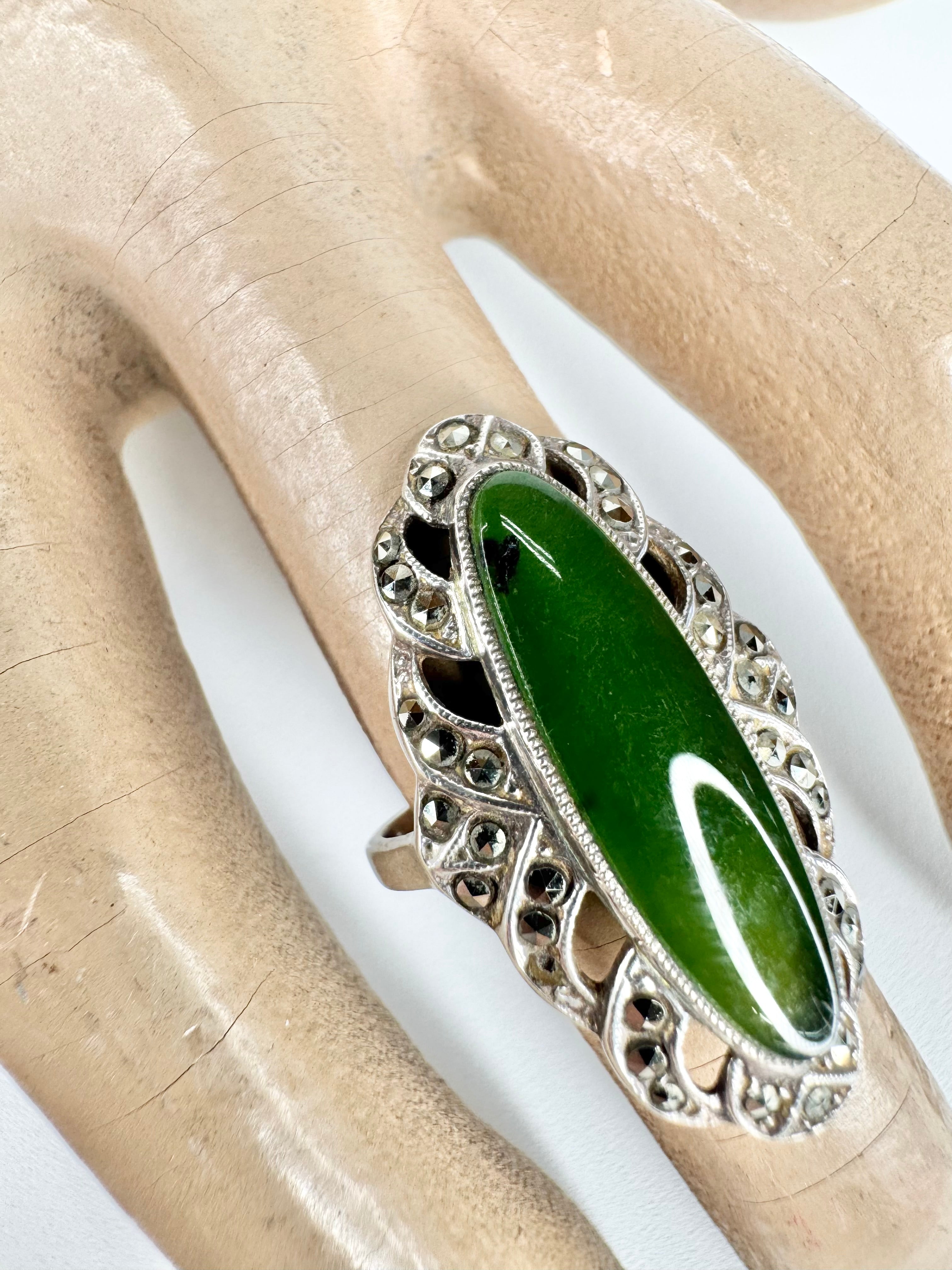 Silver Nephrite Jade & Marcasite Art Deco Ring