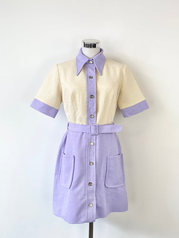 Vintage 60s Len Vogue Lavender and Cream Belted Dress - AU8