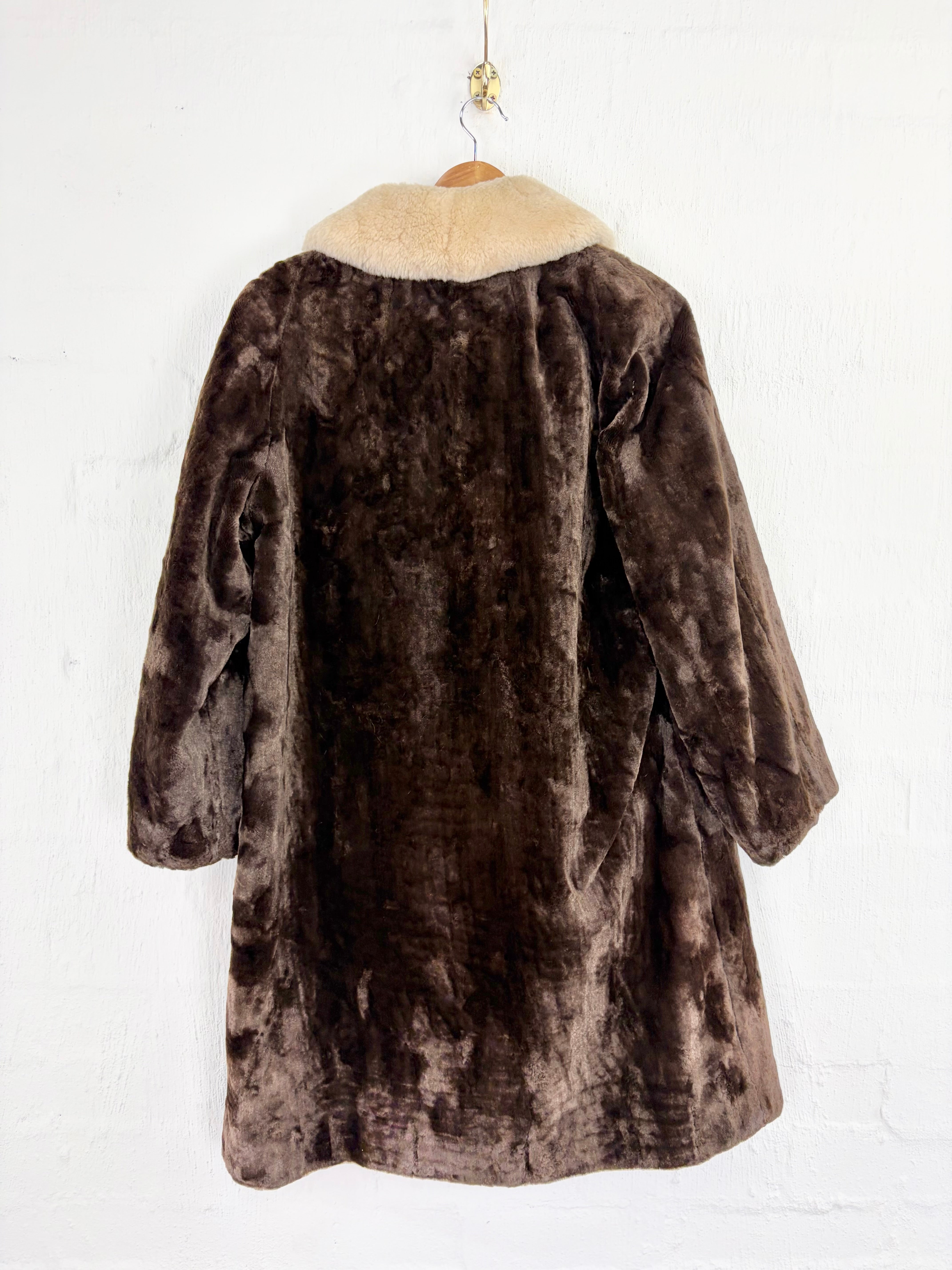 Vintage Stanley's of Melbourne Brown Faux Fur Coat with Shearling Collar - AU10/12