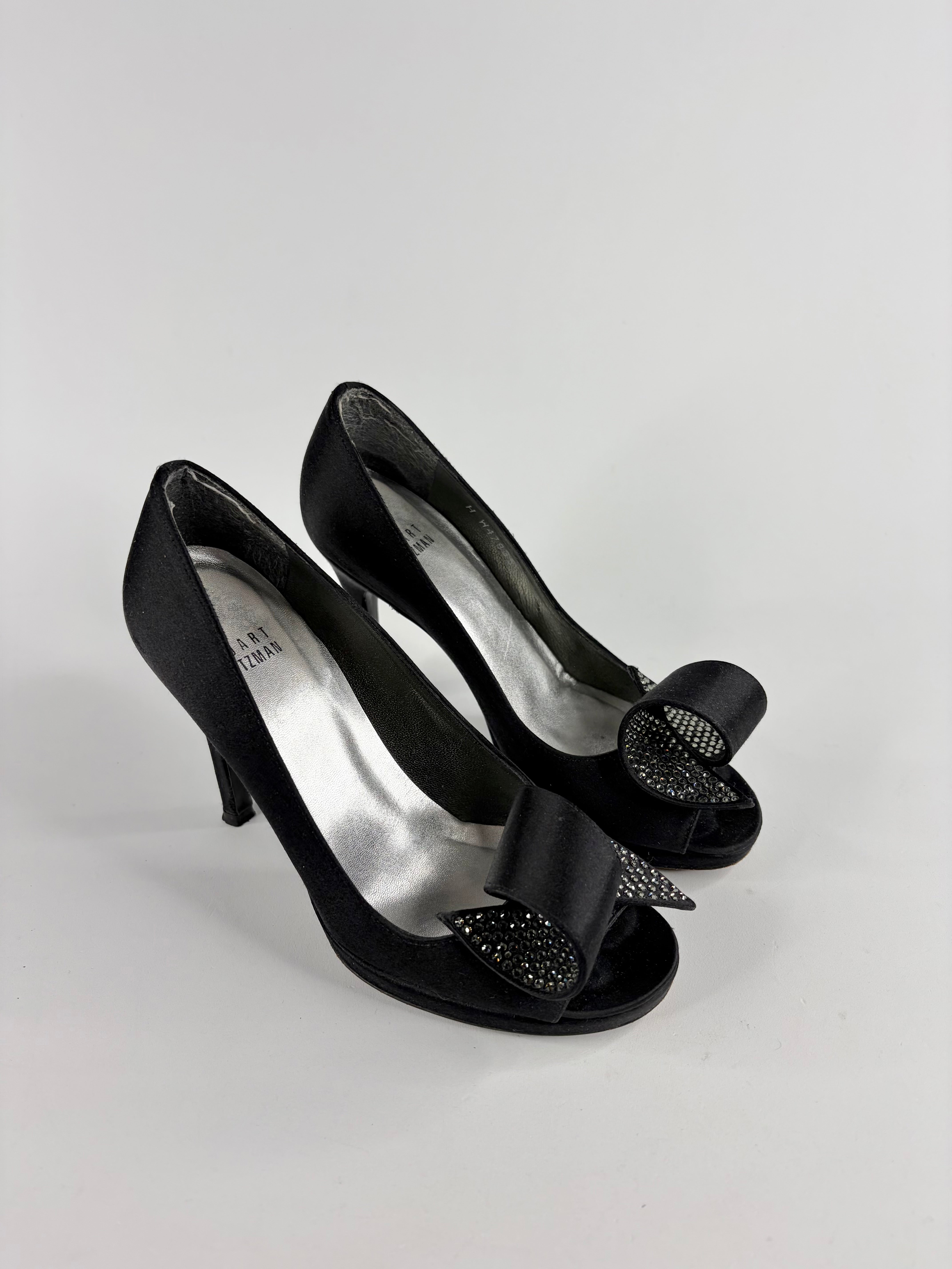 Stuart Weitzman Satin Peep Toe Crystal Flourish Heels - EU35
