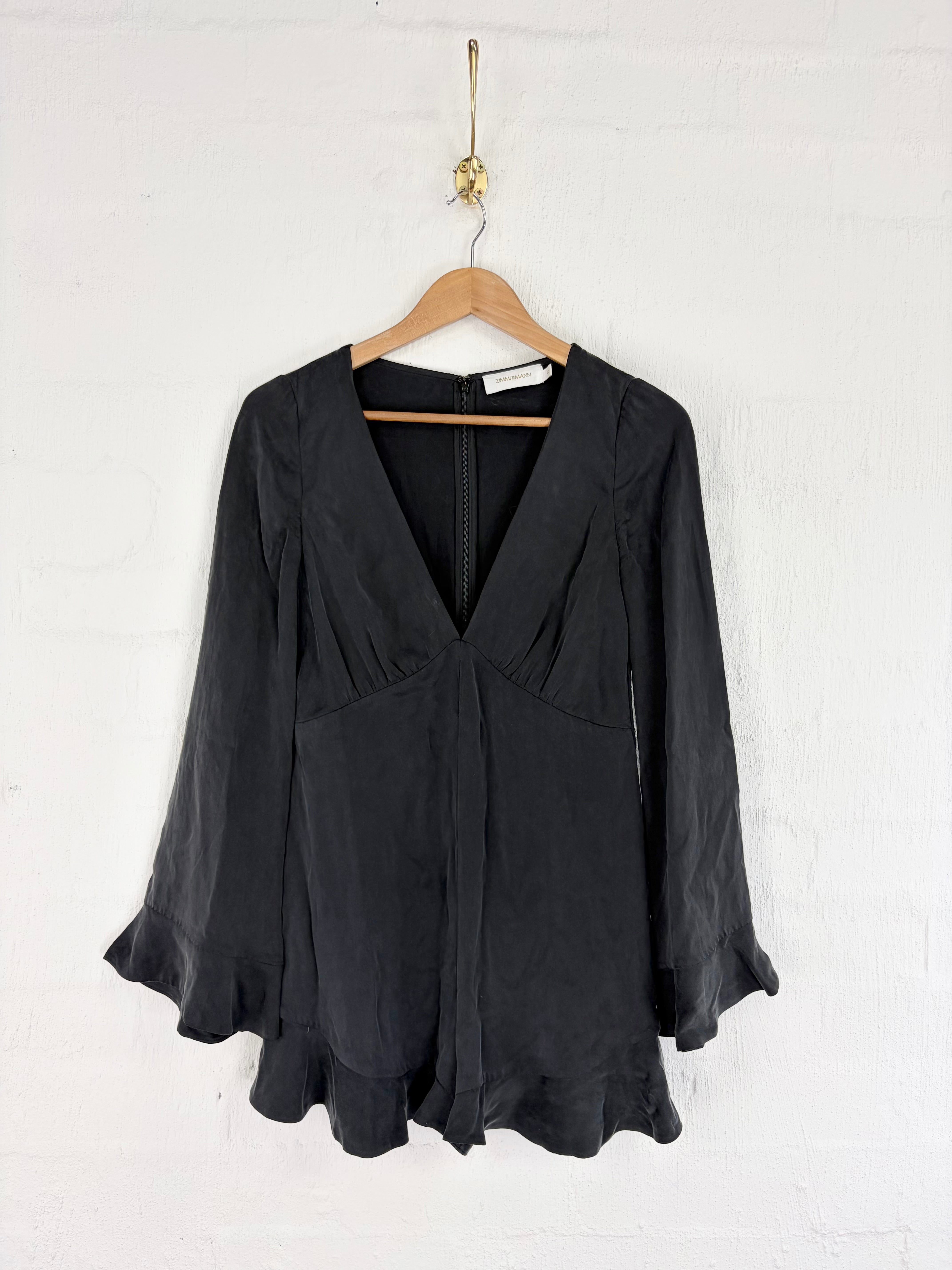 Zimmermann Black Washed Silk Frilled Playsuit - AU6/8
