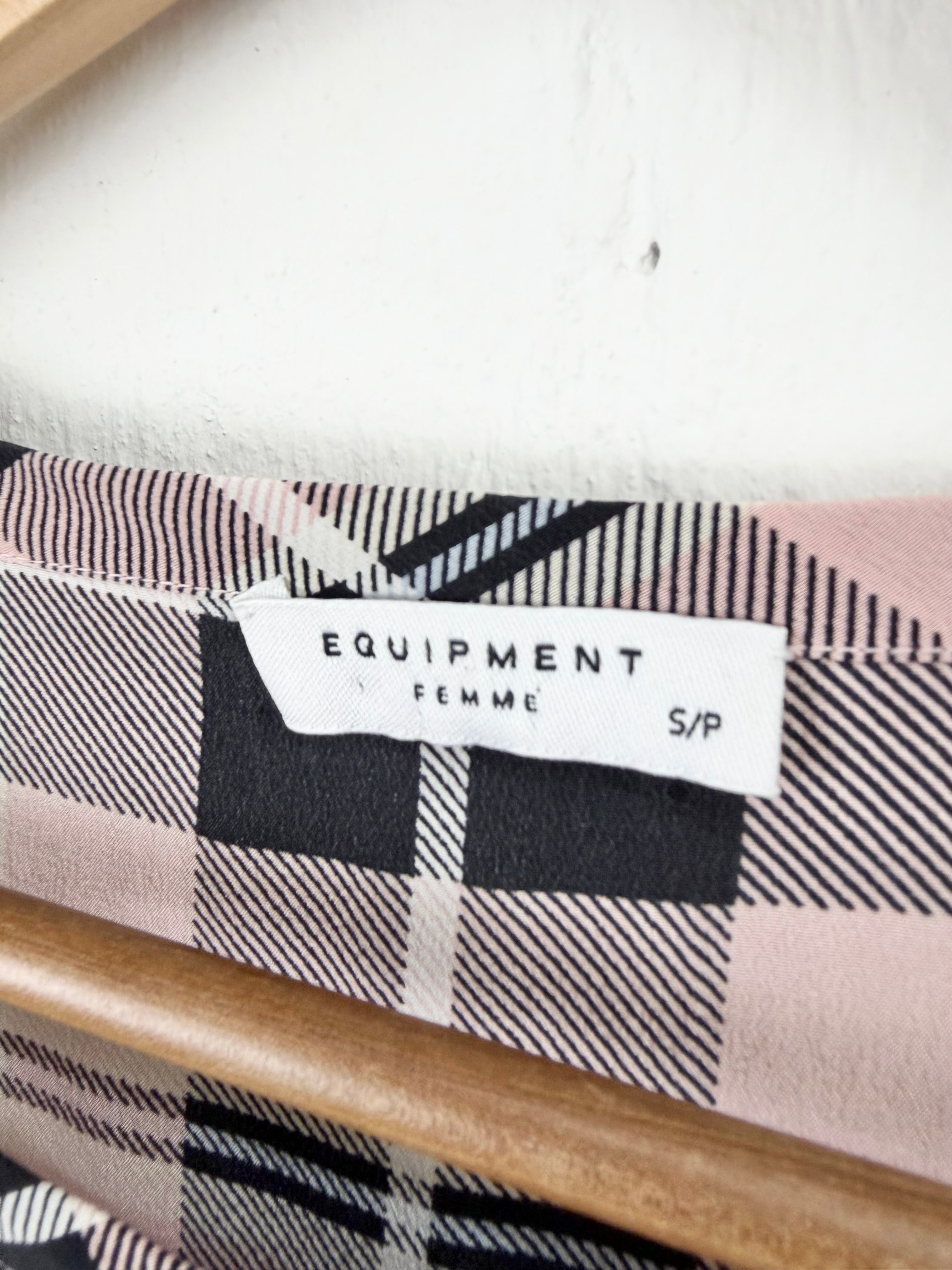 Equipment Femme Blush Pink, Black & White Plaid Silk Top - AU8/10