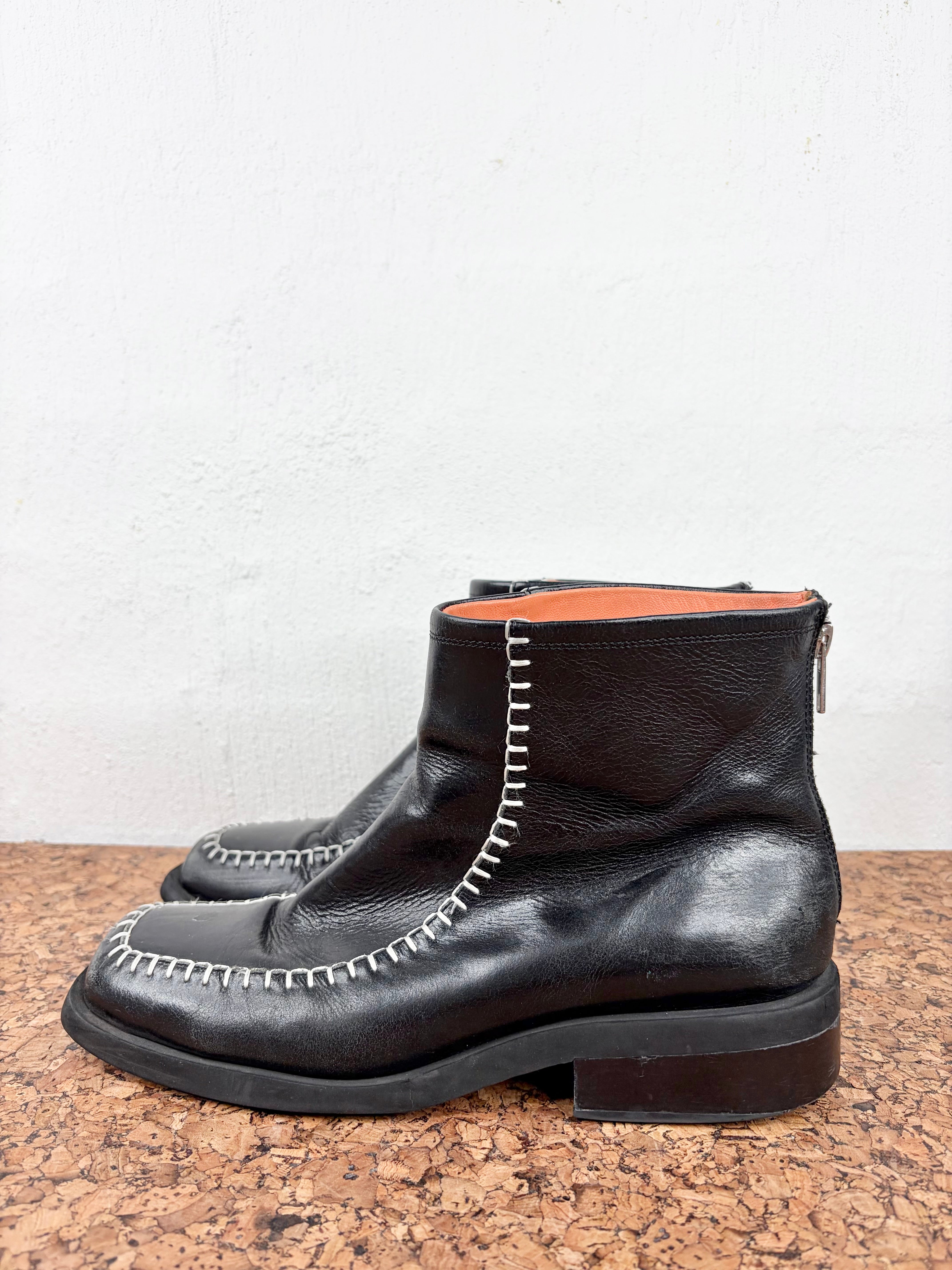 Radical Yes! Black Square Toe Boot with White Contrast Stitch - EU41