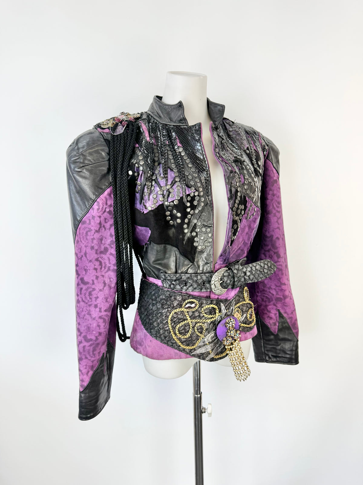 Vintage 80s Rockets & Reptiles Purple & Black Embellished Leather Jacket - AU8/10