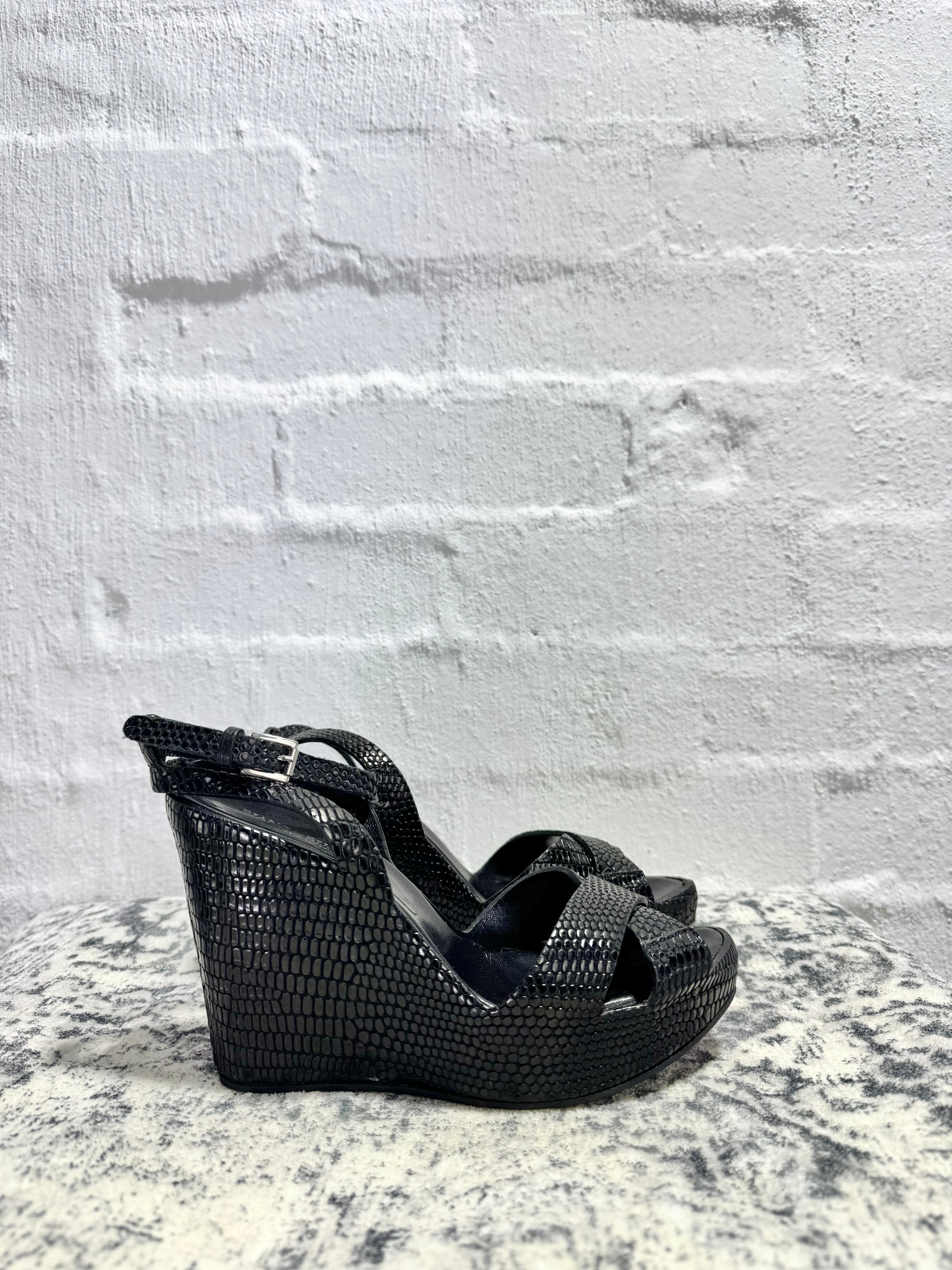 Bianca Buccheri Black Reptile Embossed Peep Toe Wedges - EU37