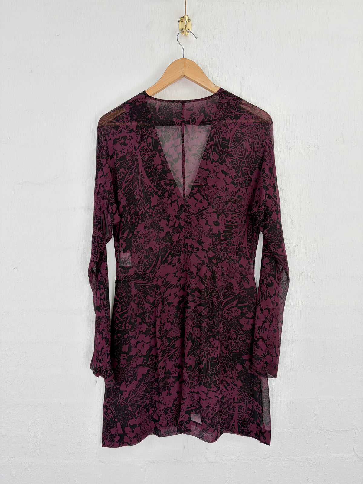 Vixen Australia Burgundy & Black Botanical Patterned Sheer Silk Dress - AU8