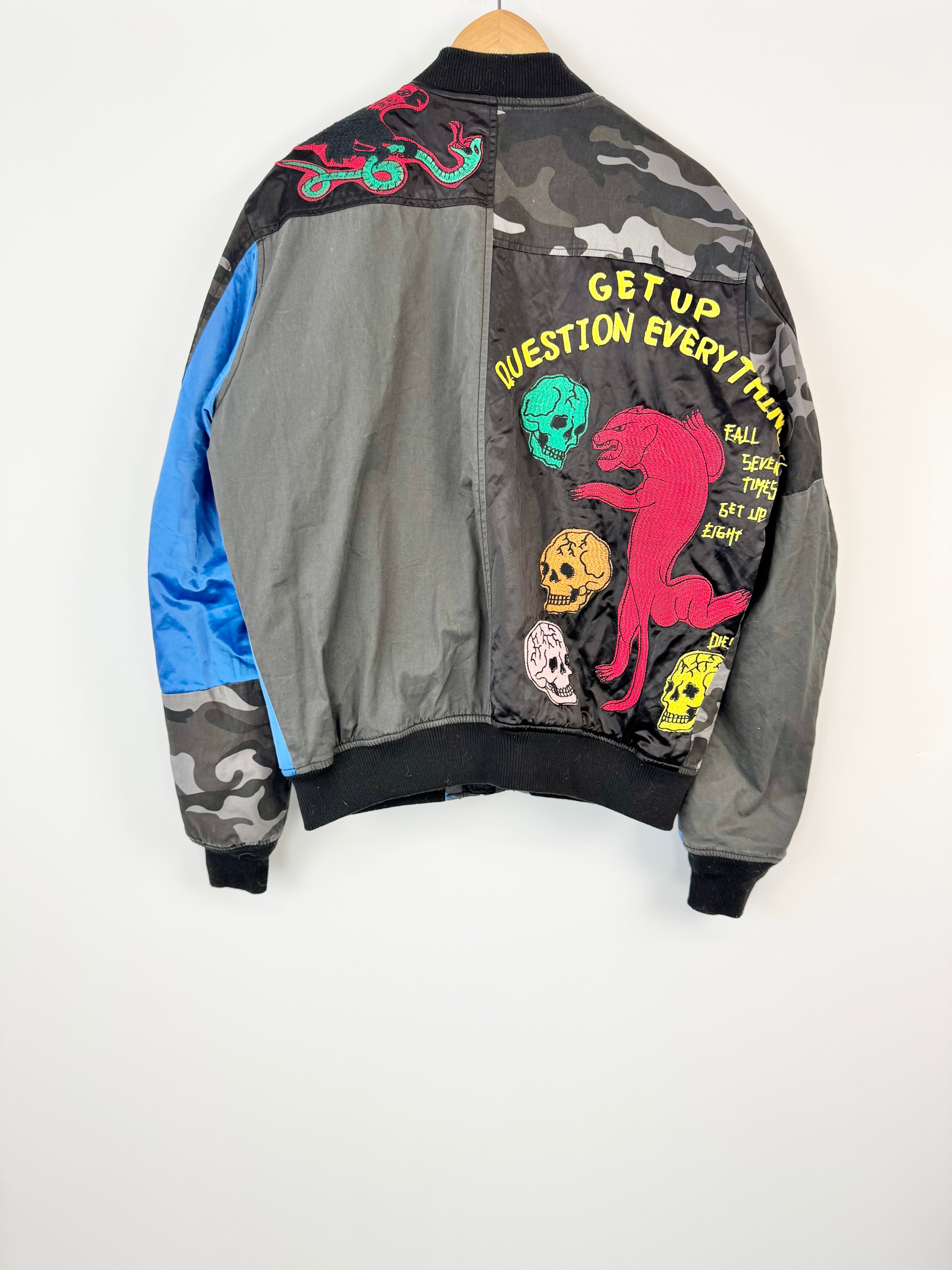 Diesel 'J-Kit' Patch Embroidered Blue & Black Bomber Jacket - L