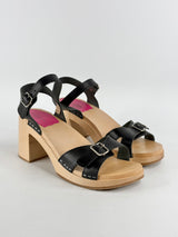 Swedish Hasbeens Black Leather & Wooden Sandals - EU41