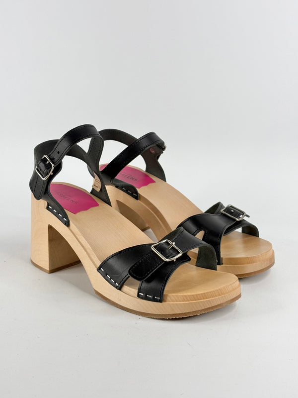 Swedish Hasbeens Black Leather & Wooden Sandals - EU41