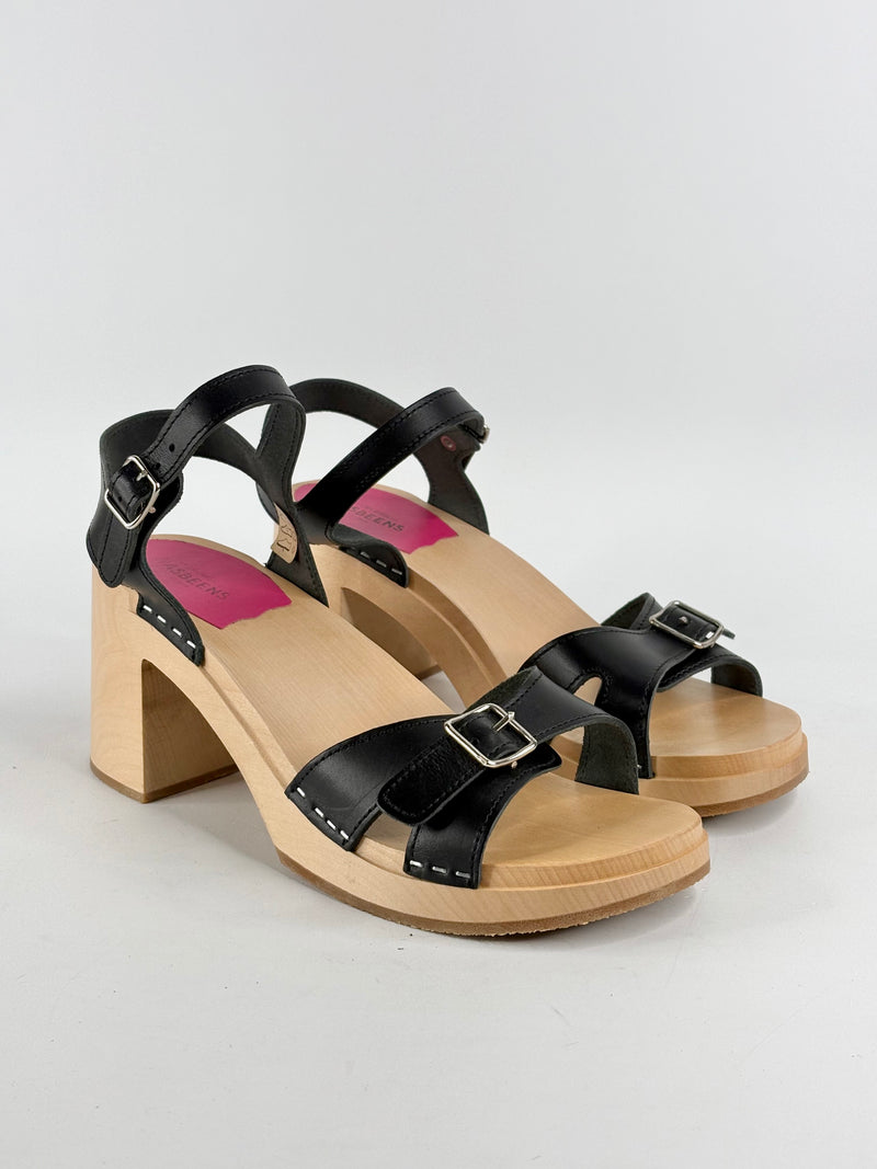 Swedish Hasbeens Black Leather & Wooden Sandals - EU41