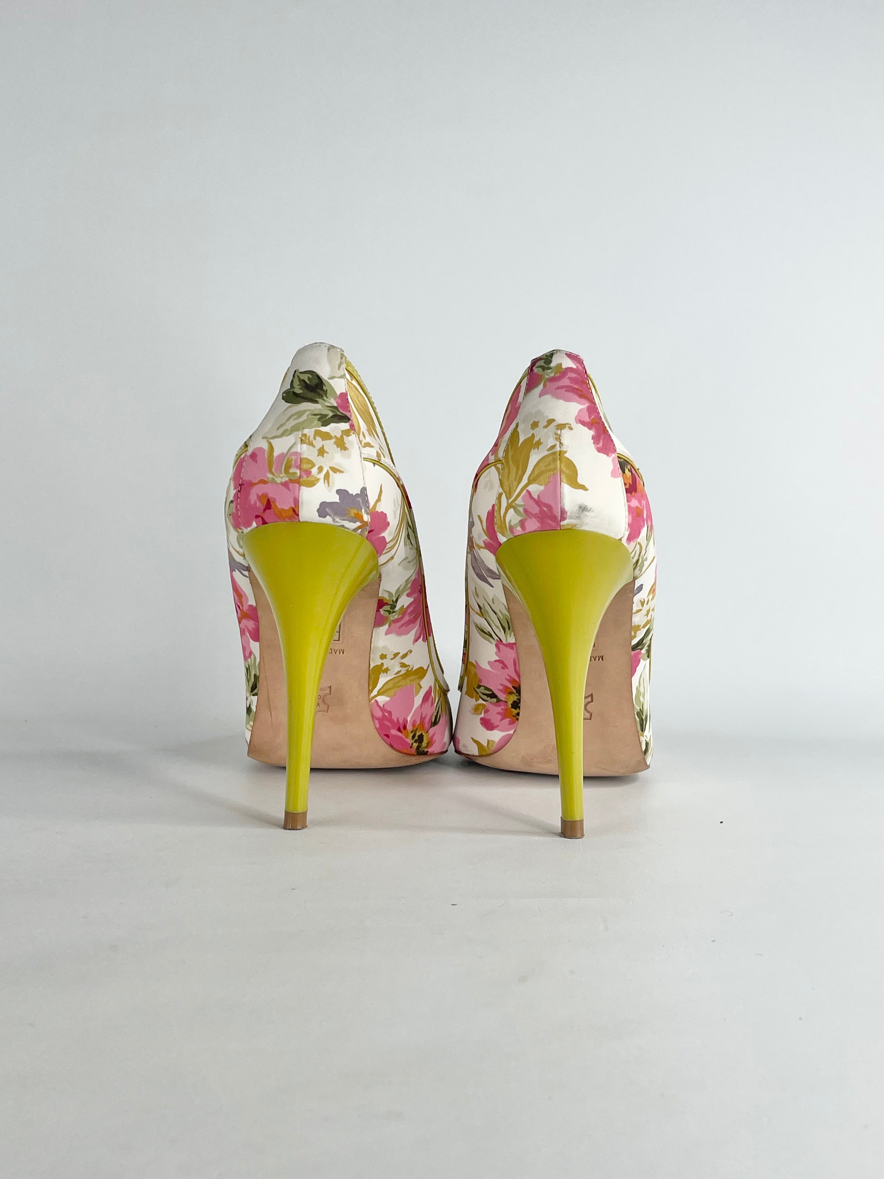 Karen Millen Lime Green Floral Leather Peep-Toe Pumps - EU39