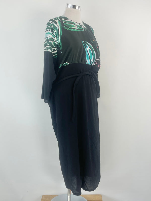 Anntian Patterned Teal Silk & Black Wool Contrast Dress - O/S