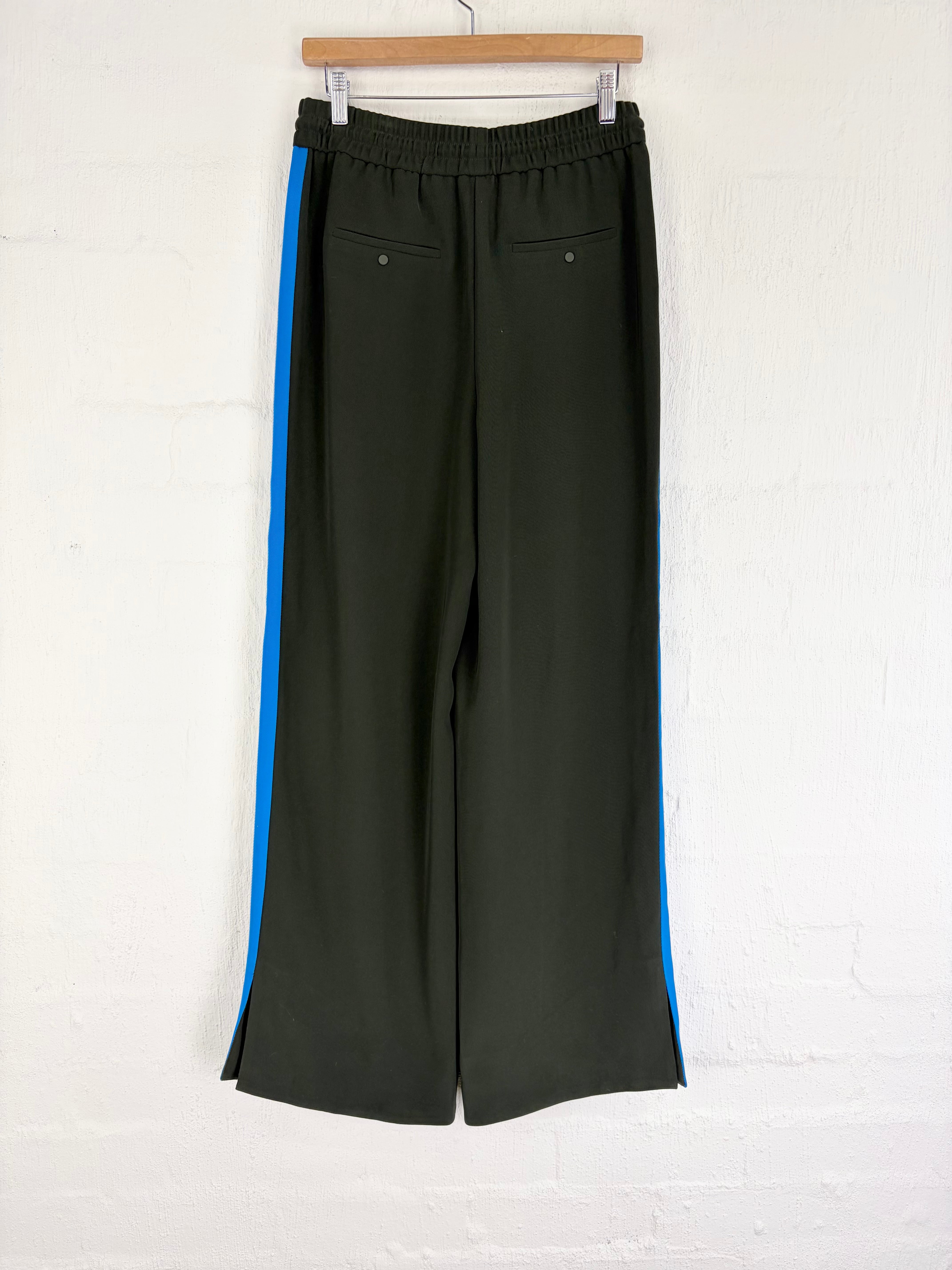 Me + Em Olive Green Blue Stripe Wide Leg Tracksuit Pants - AU10