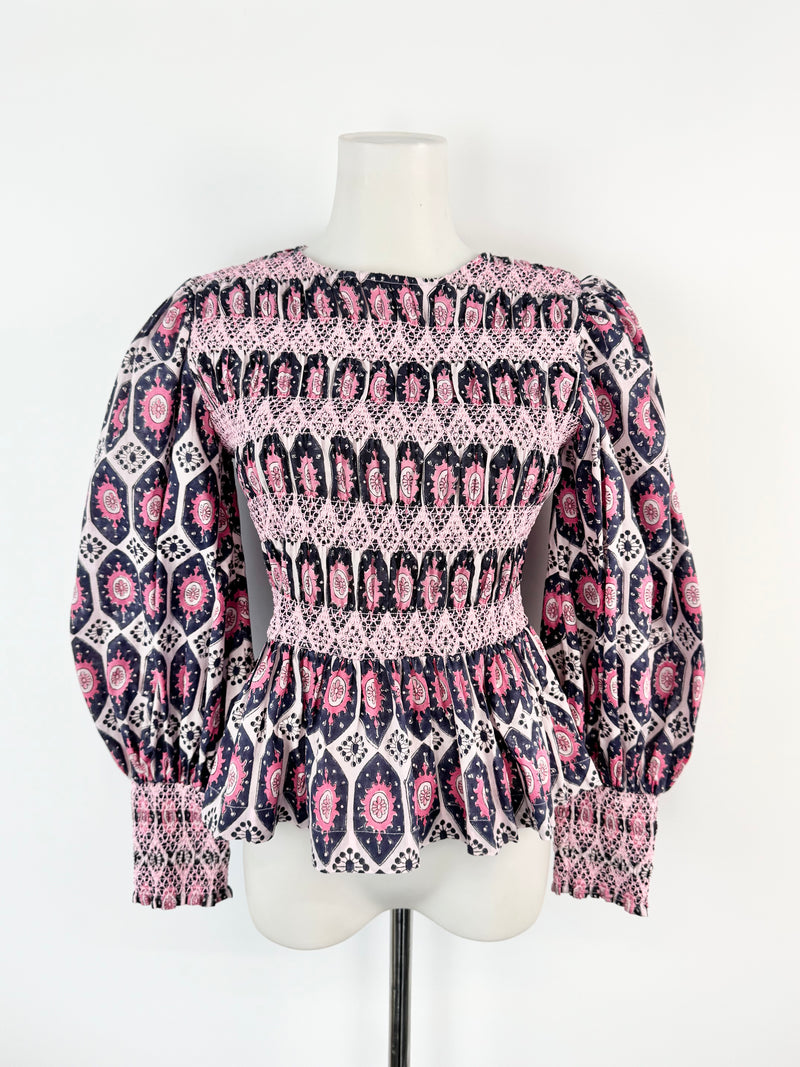 Malie Pink & Purple Patterned Peasant Blouse NWT - AU8/10