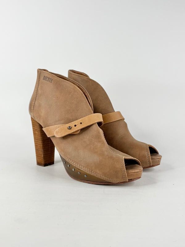 Diesel Tan Leather Peep-Toe Ankle Boots - EU41