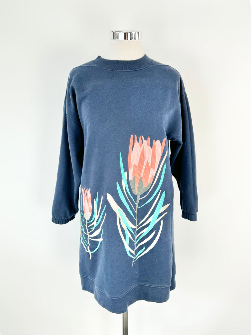 Dana Kinter x Gorman Navy Blue Botantical Embroidered Sweater Dress - AU14