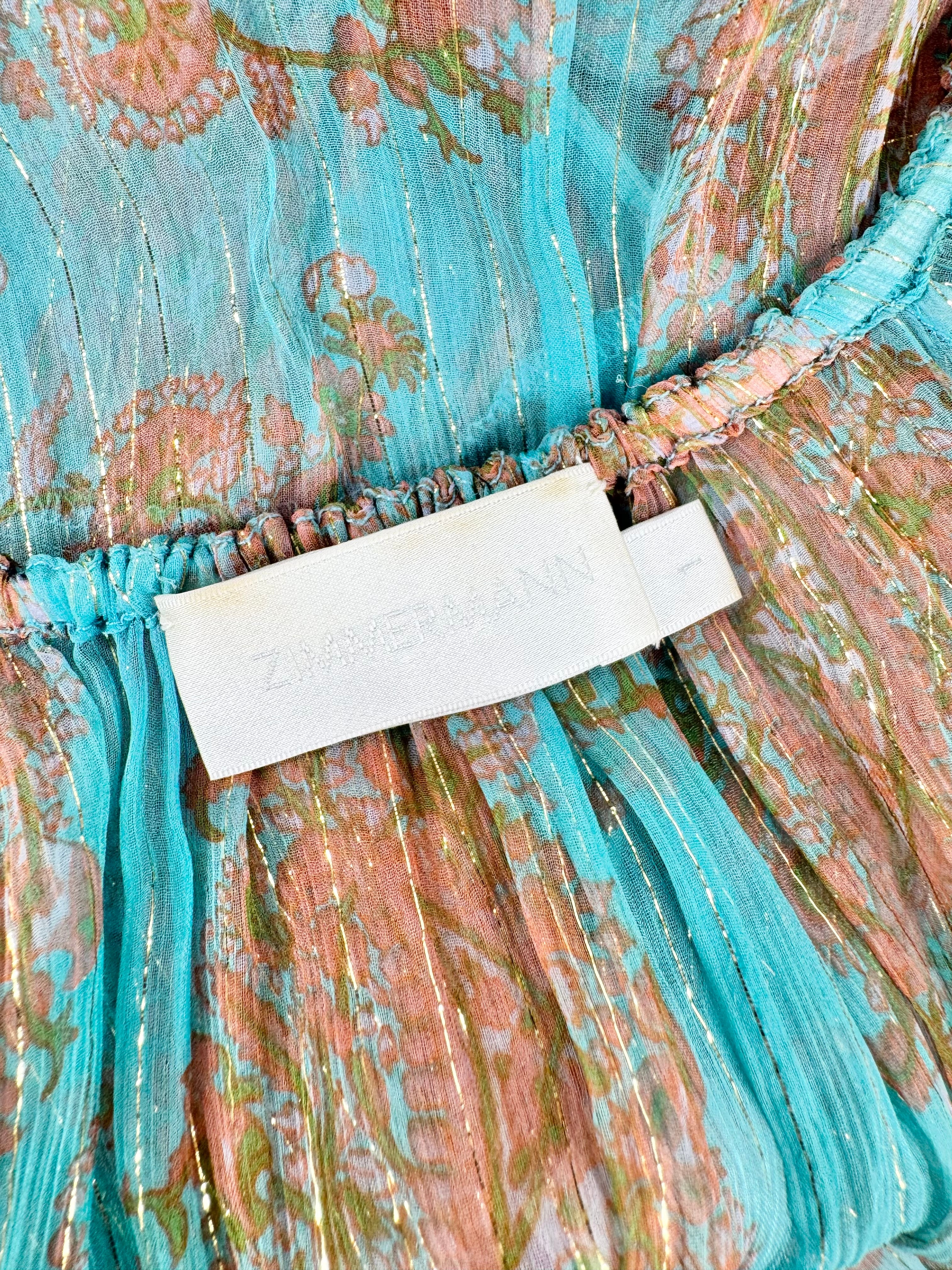 Zimmermann Sheer Turquoise Silk Floral Patterned Blouse - AU8/10