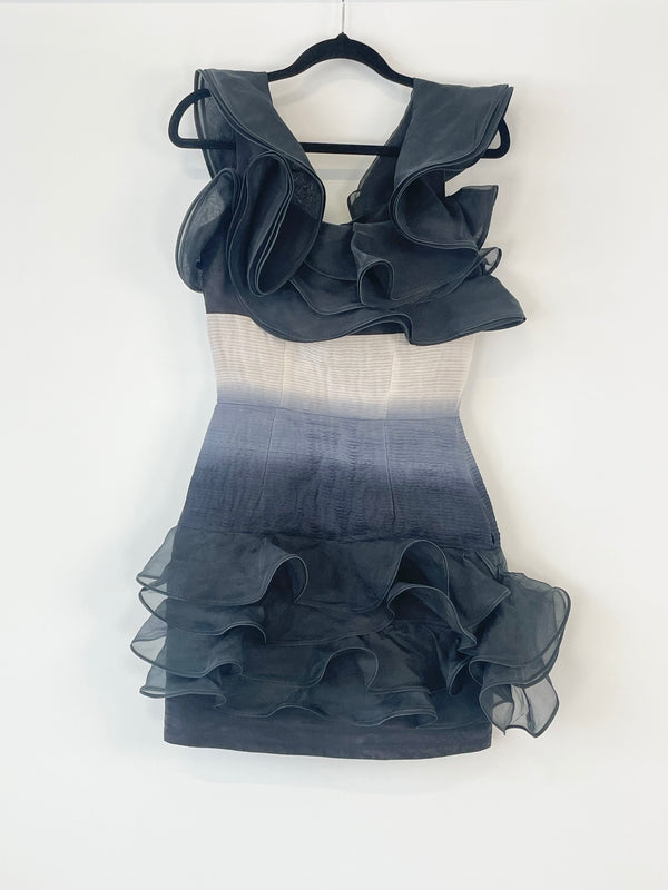 Nicola Finetti Navy Blue & White Gradient Silk Ruffled Cocktail Dress - AU4/6