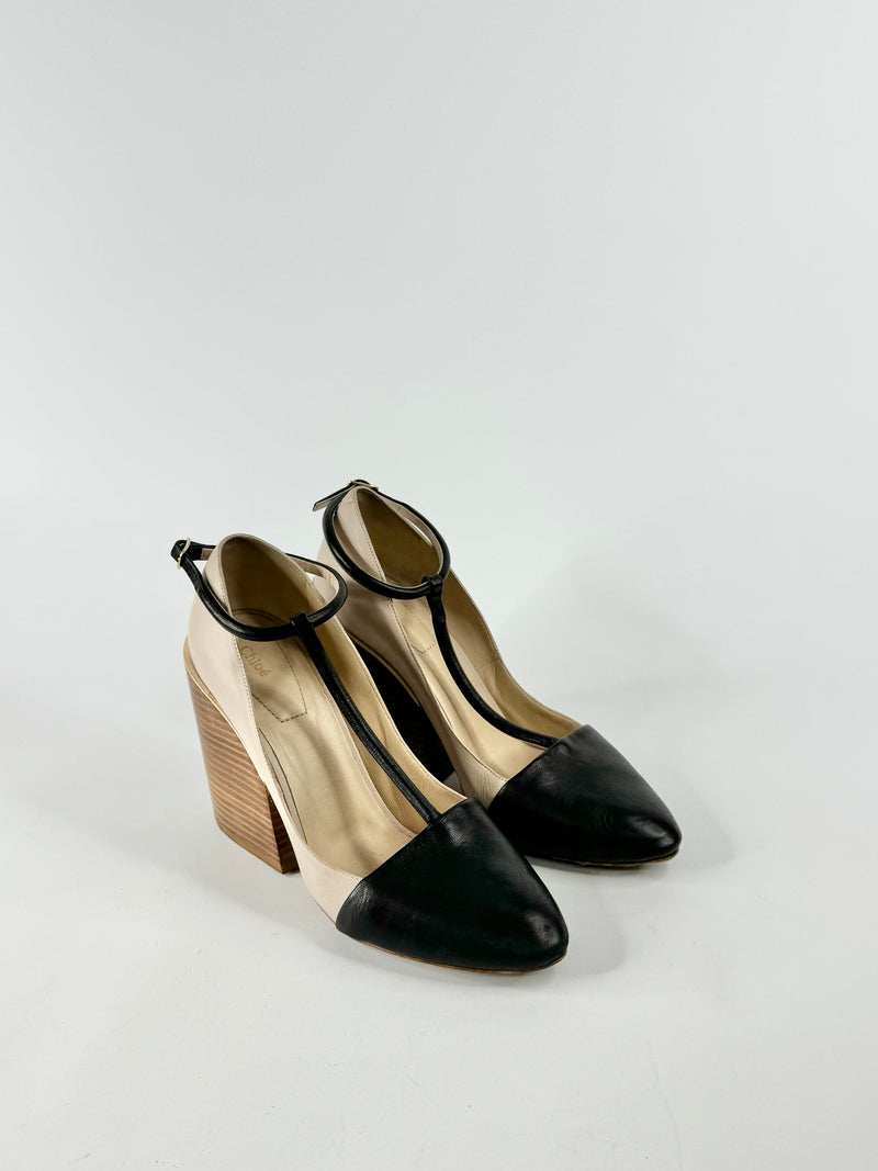 Chloe Soft Beige & Black Block Heels - EU38