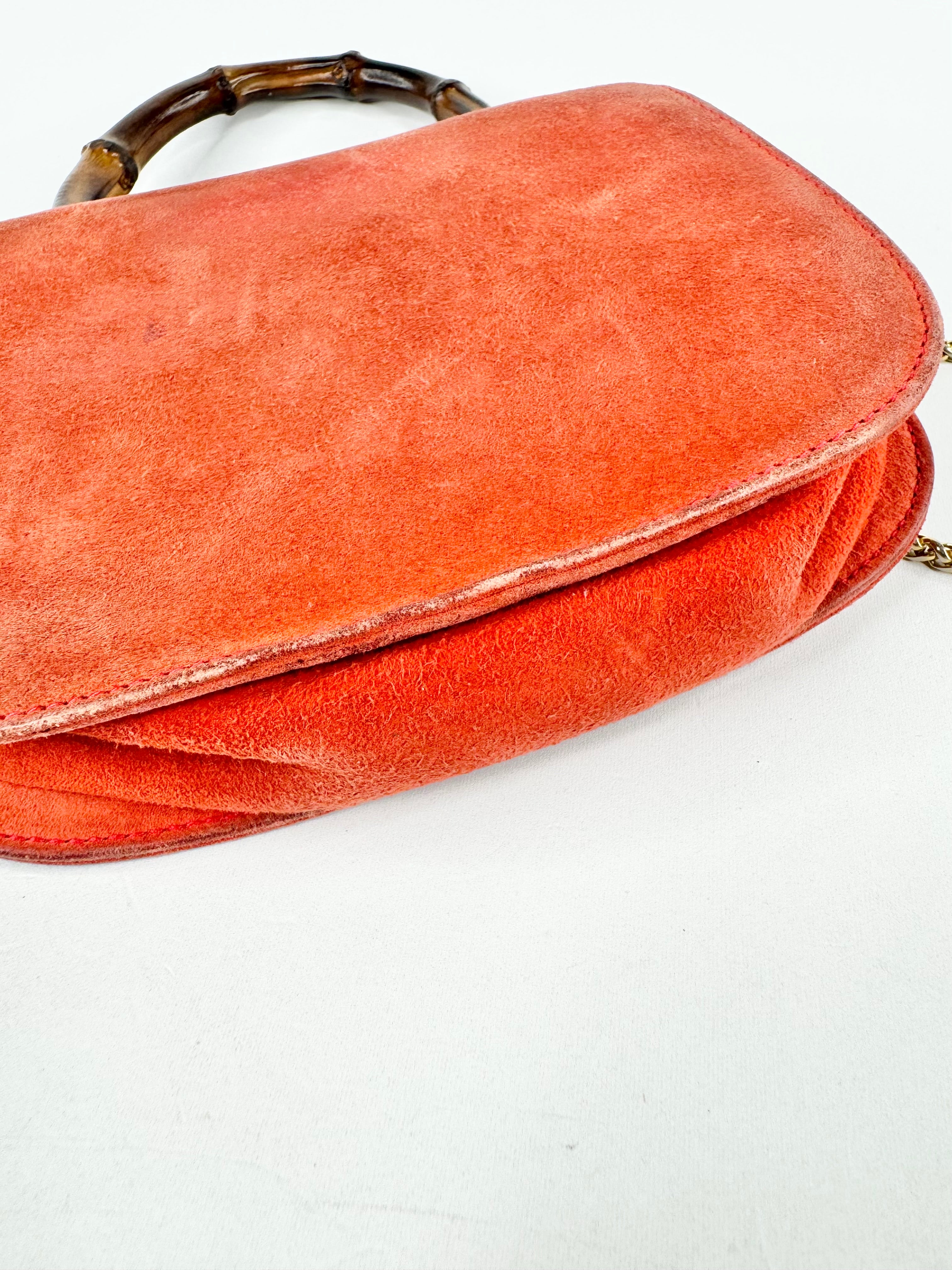 Vintage Gucci Mini Orange Sorbet Suede Bamboo Cross Body Bag
