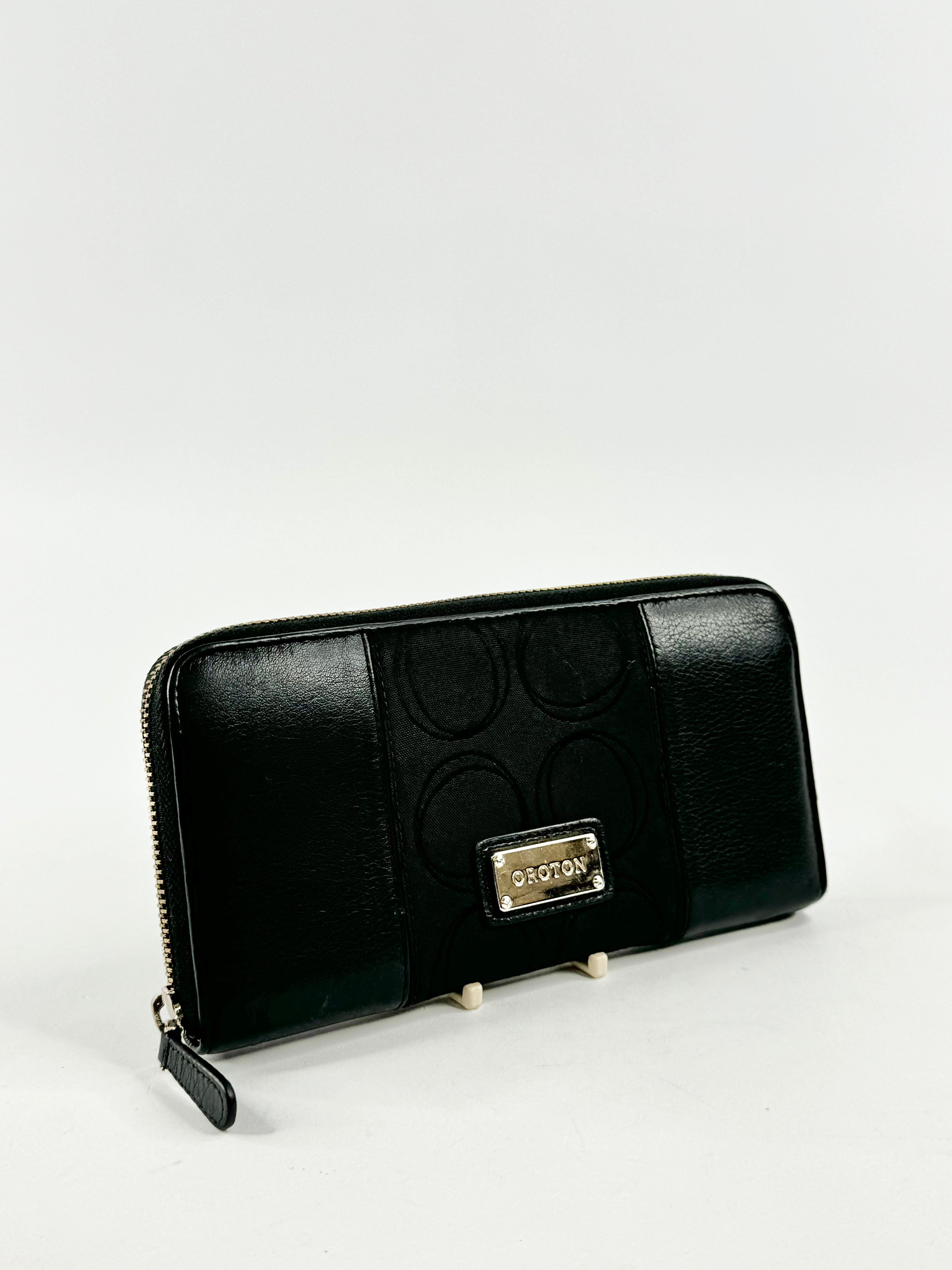 Oroton Large Fabric & Leather Black Wallet