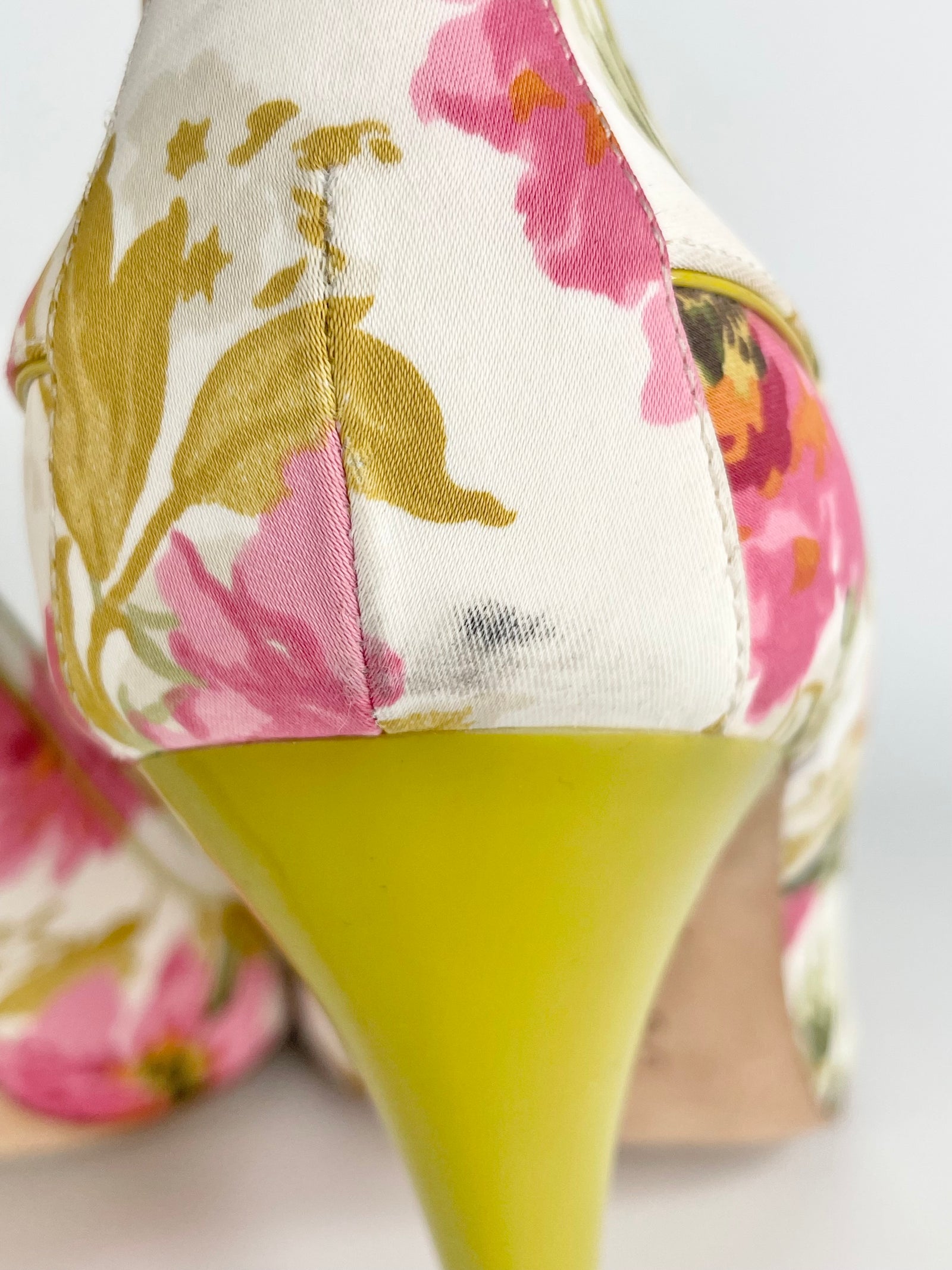 Karen Millen Lime Green Floral Leather Peep-Toe Pumps - EU39
