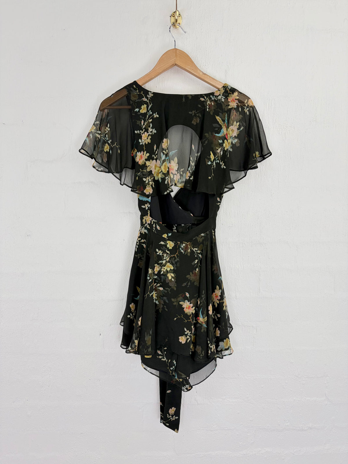 Zimmermann Black Botanical Patterned Frilled Wrap Playsuit - AU8/10