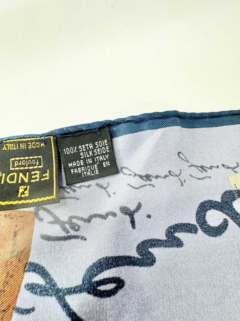 Fendi Foulard Blue Silk Handbag Print Square Scarf