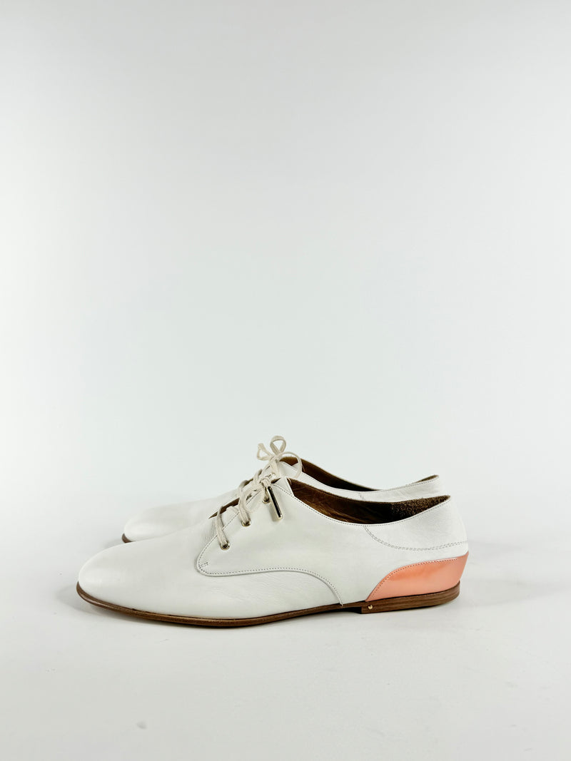 Chloe Milady White Leather Lace Up  Oxfords Flats - EU38