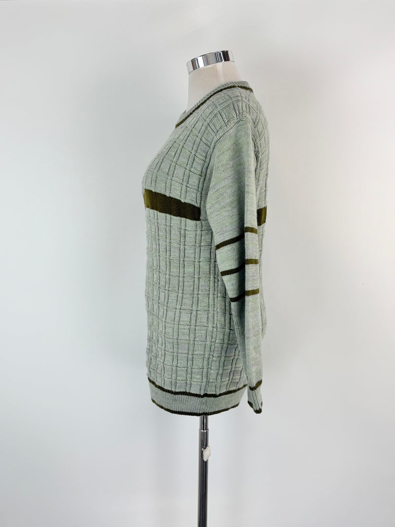 Hand-Made Wool Knit Sage Striped Sweater - AU12