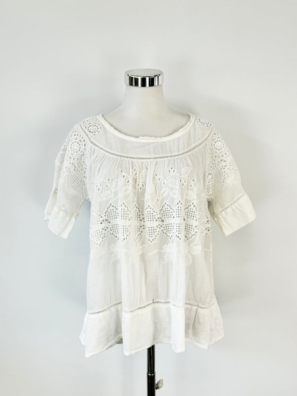 Hunky Dory White Semi Sheer Lace Peasant Top - AU8/10