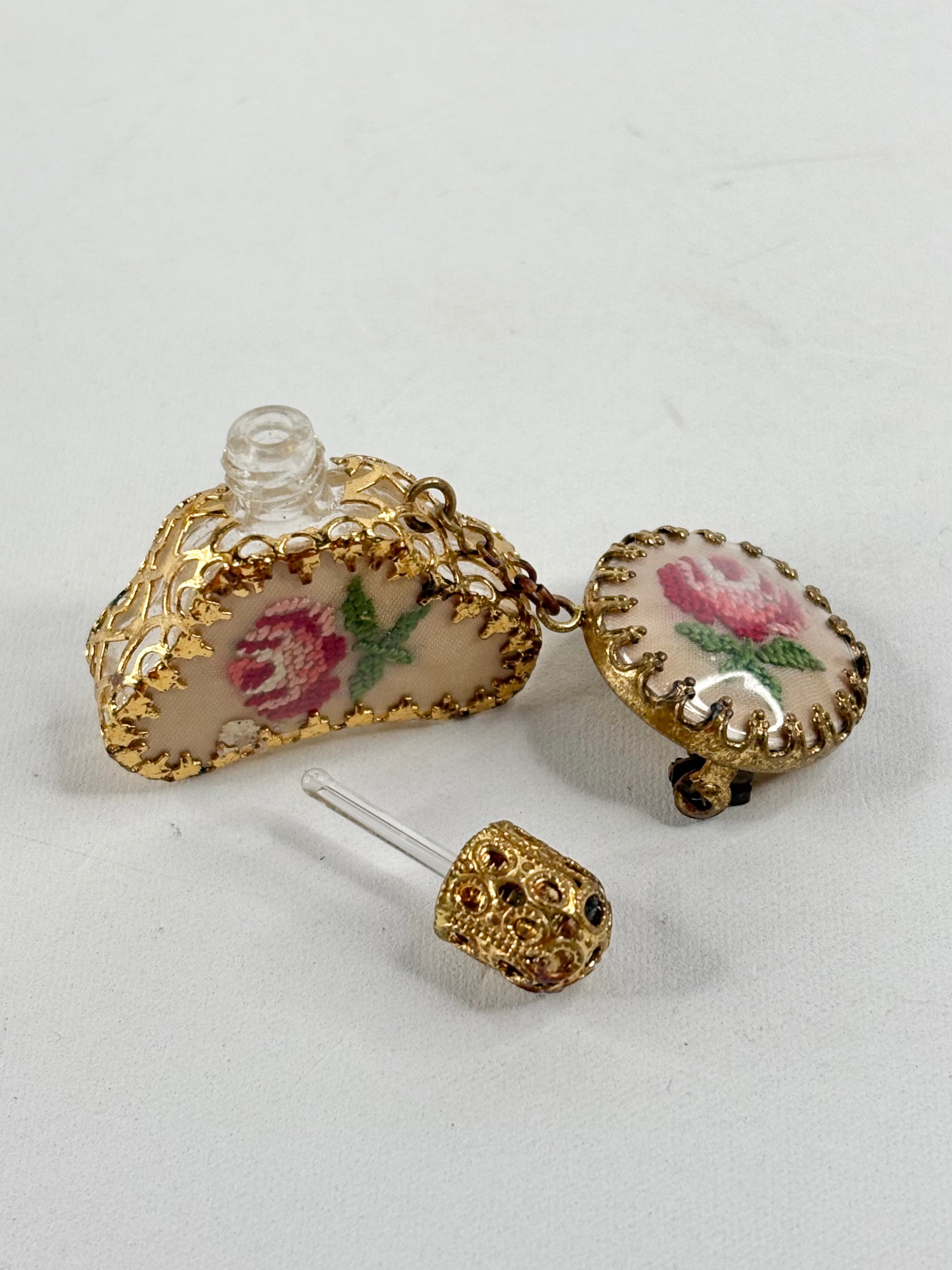 Vintage 50s Petit Point Filigree Perfume Bottle & Chatelaine Chain Brooch