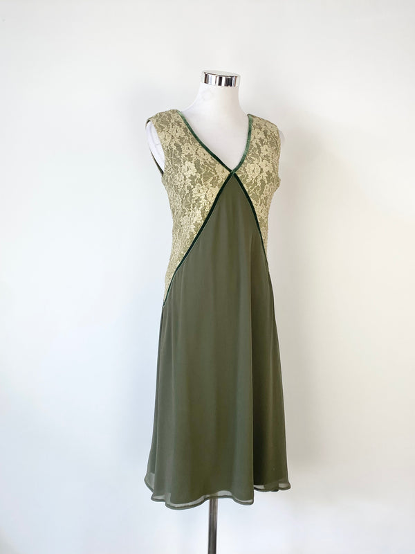 Vintage 90s Moss Green Lace Spliced Dress - AU10