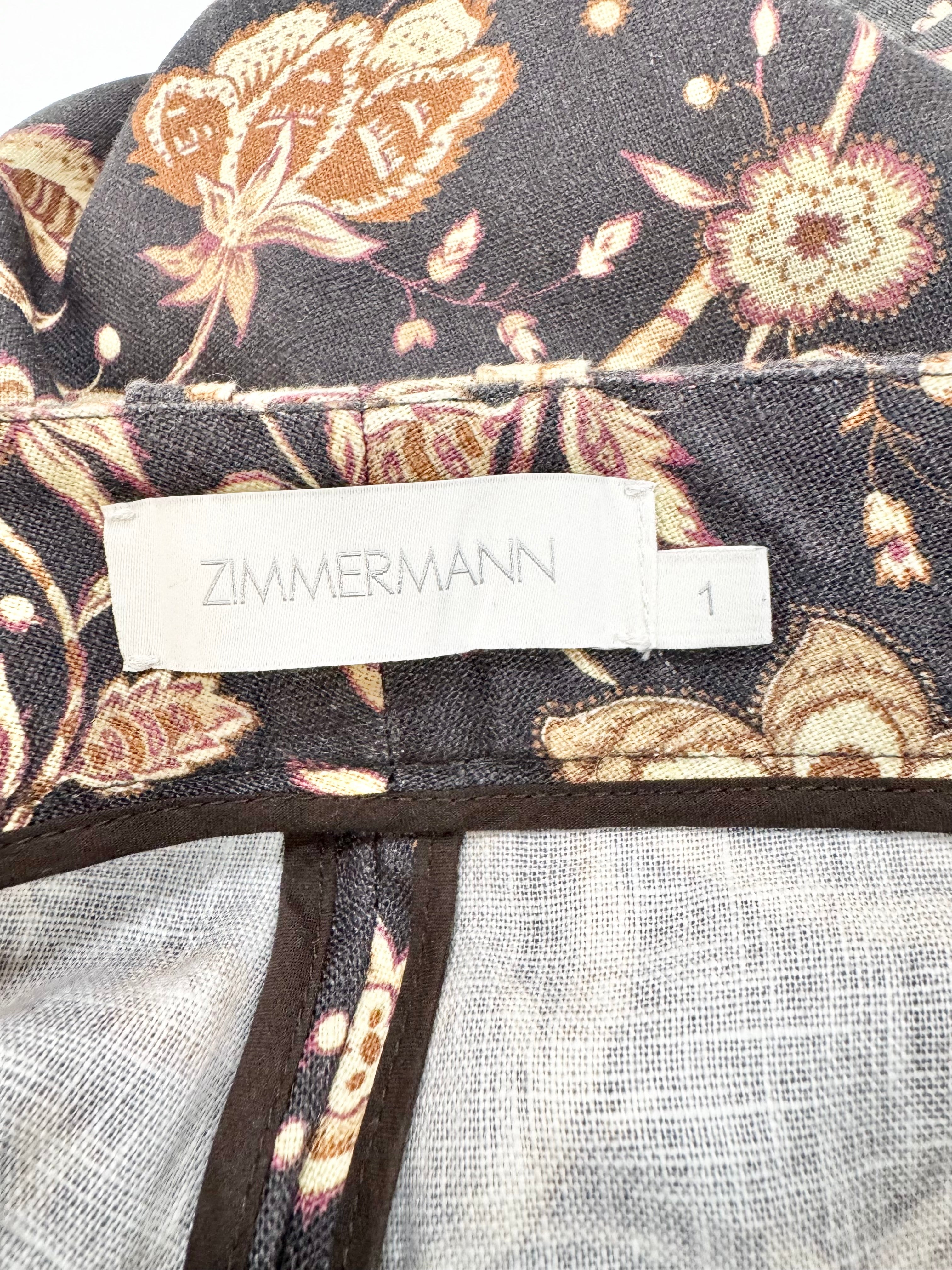 Zimmermann Navy Floral Linen Wide Leg Trousers - AU8/10