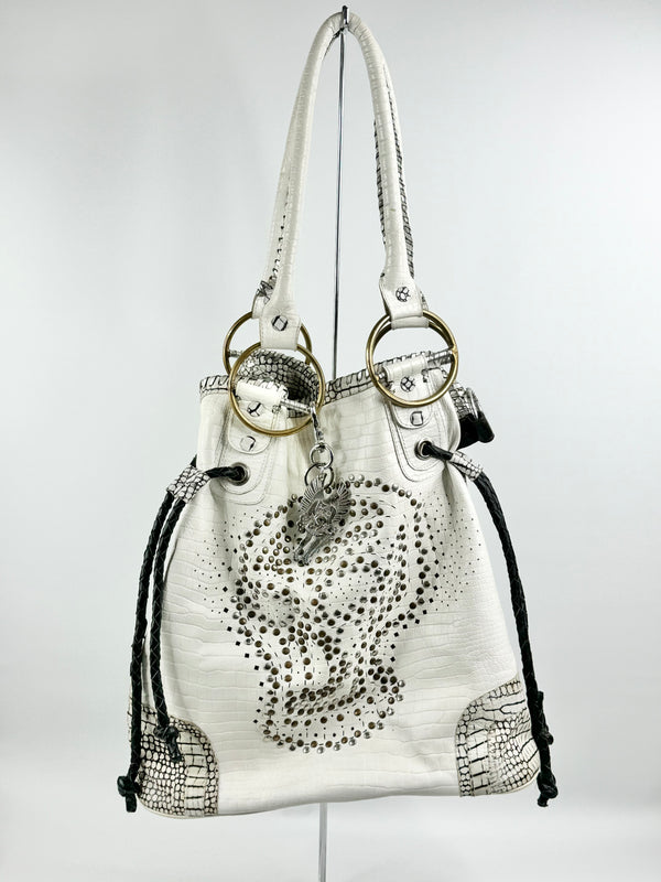 Sabbatha White Croc Embossed Studded Shoulder Bag