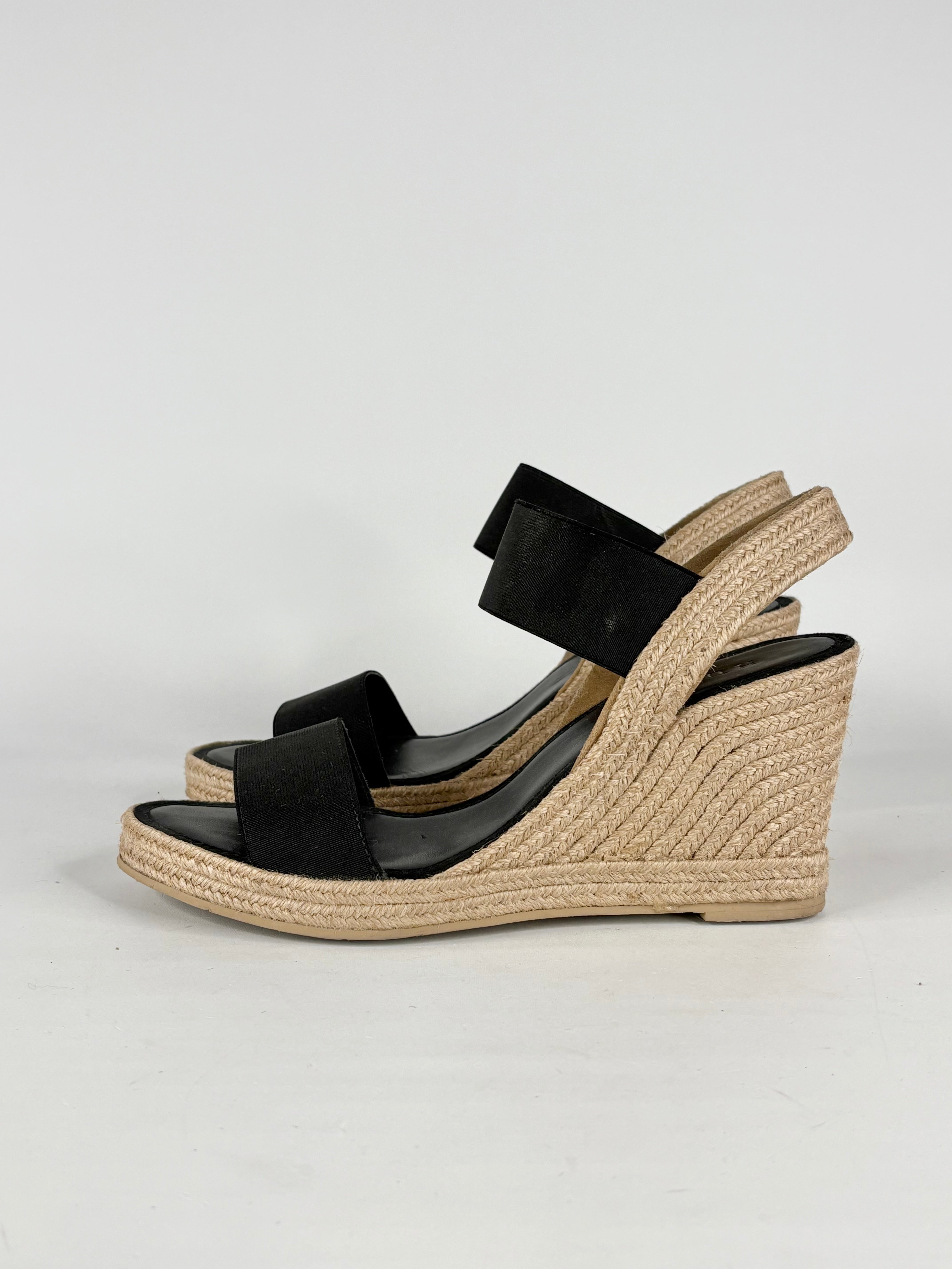 Husk Black Leather & Raffia Espadrille Wedges - EU39