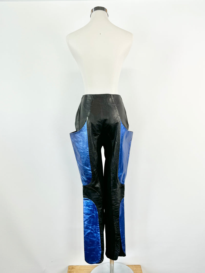 Christina Exie Black & Metallic Blue Leather Skinny Leg Slacks - AU8