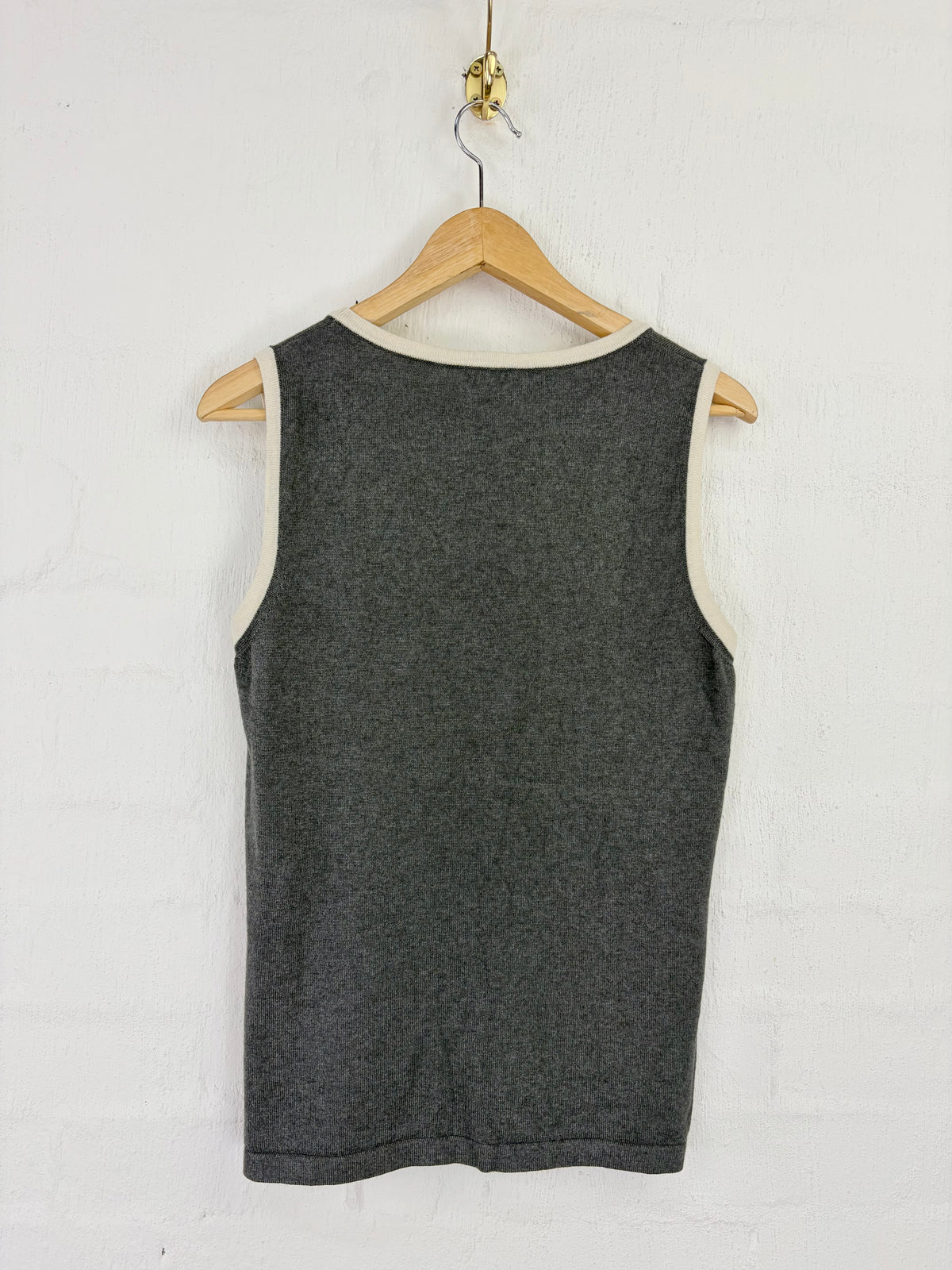 Escada Grey & White Trim Logo Embellished Sleeveless Silk & Cashmere Sweater - AU10/12