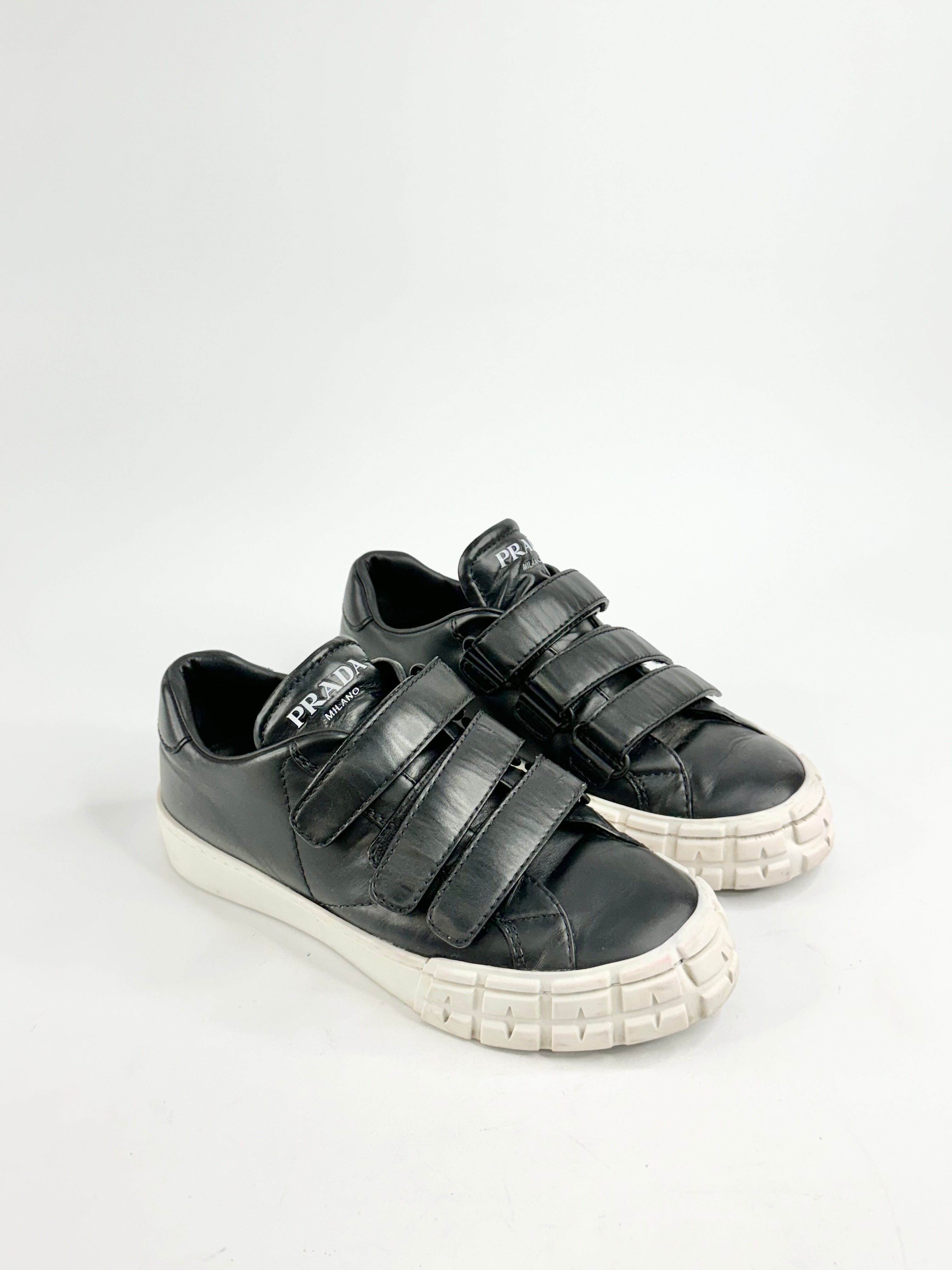 Prada Black Leather Three Strap Velcro Sneakers - EU37.5