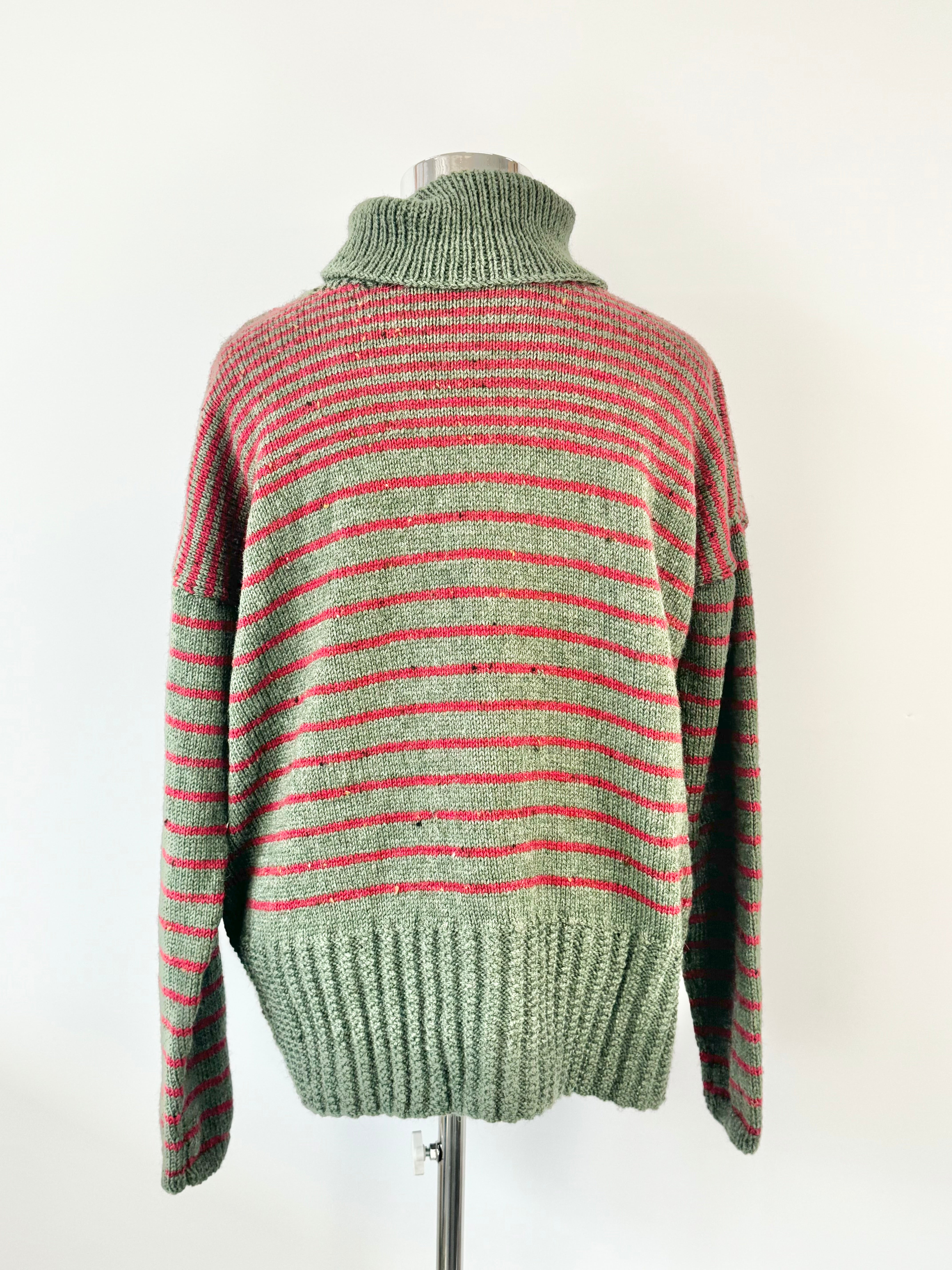 Hand Knit Olive Green & Red Strip Relax Fit Jumper - AU10/12/14