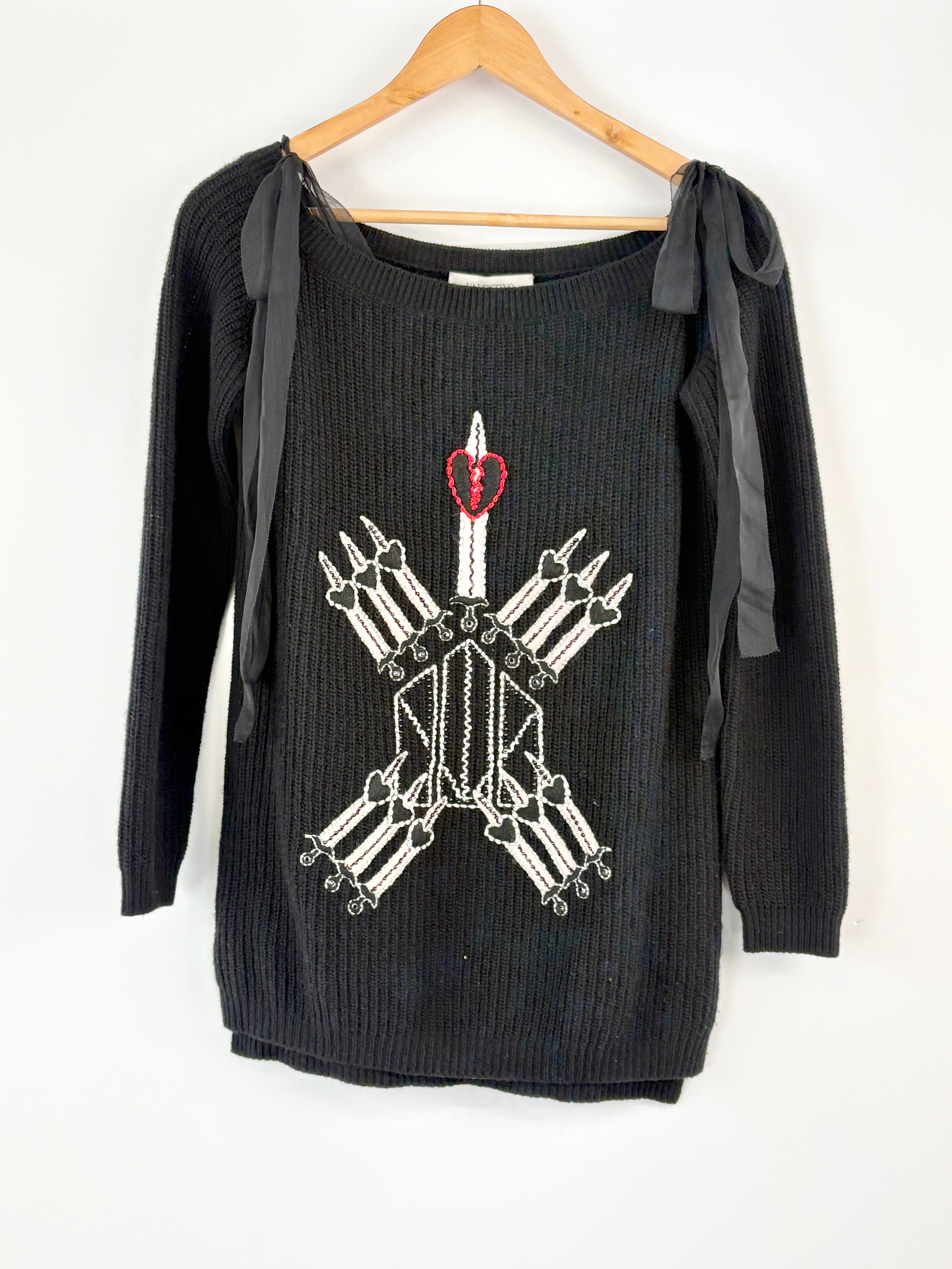 Valentino Black Ribbed Wool & Cashmere Blend 'Hearts & Daggers' Knit Sweater - AU8/10