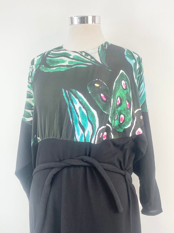 Anntian Patterned Teal Silk & Black Wool Contrast Dress - O/S