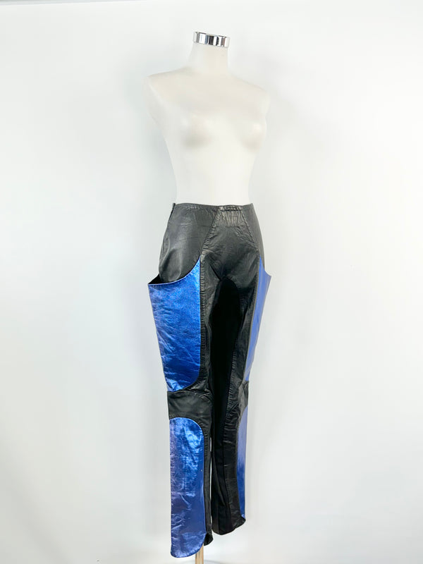 Christina Exie Black & Metallic Blue Leather Skinny Leg Slacks - AU8