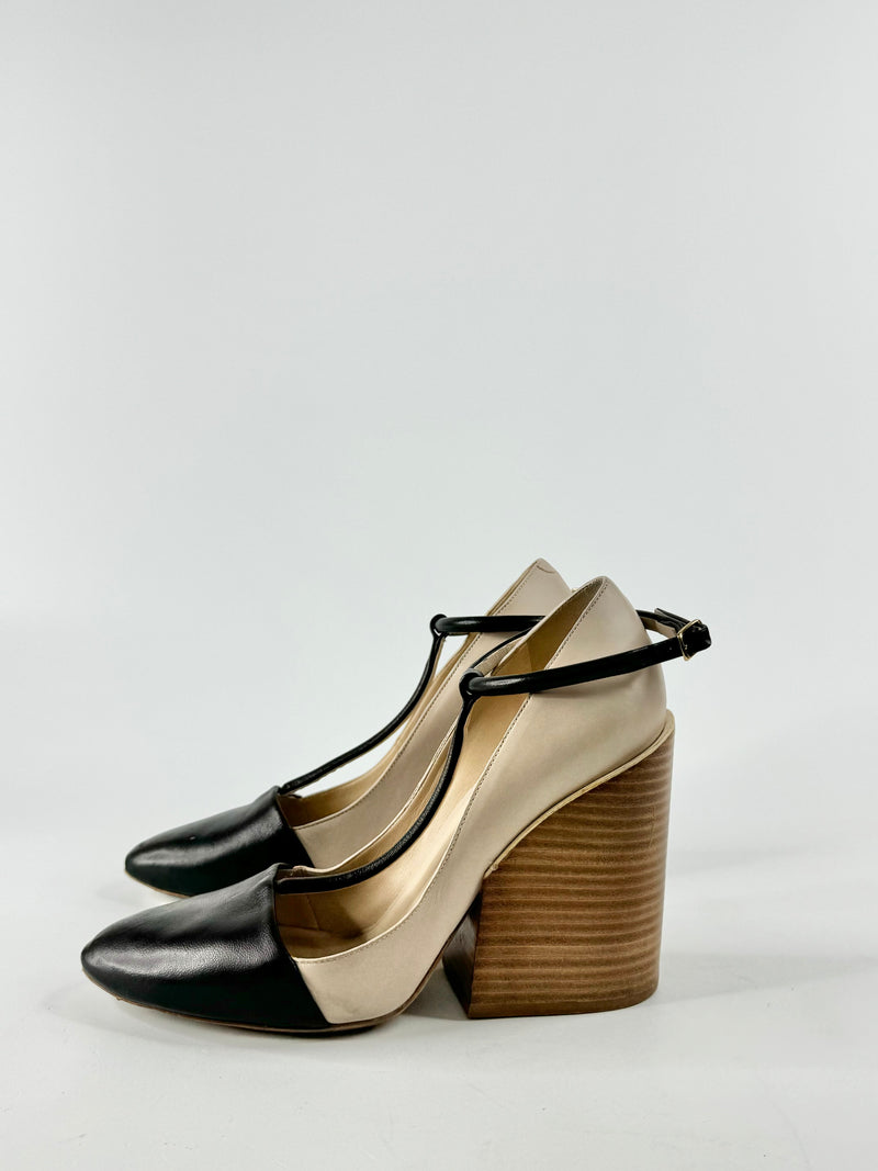 Chloe Soft Beige & Black Block Heels - EU38