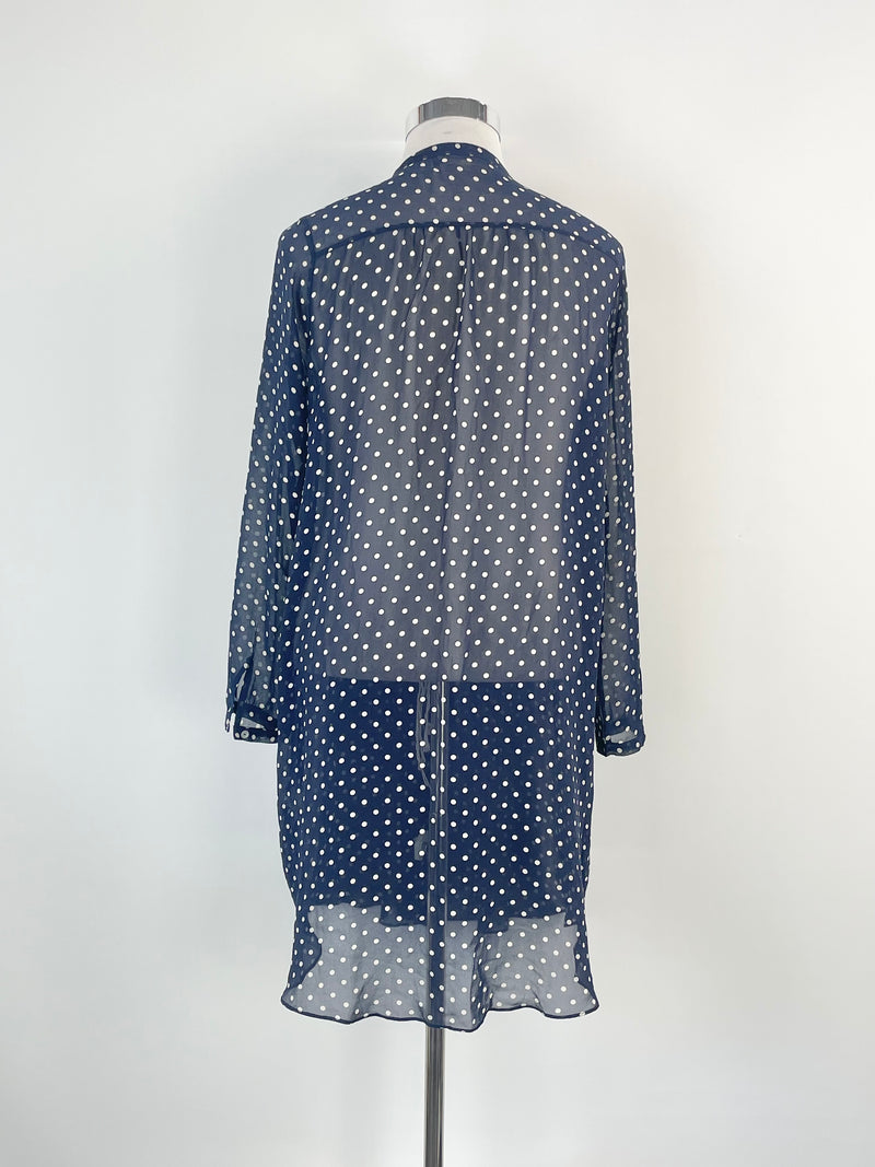 Lee Mathews Navy Blue Dotted Sheer Silk Dress - AU12