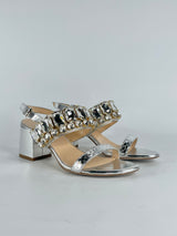 Gedebe Silver Bejeweled Leather Sandals - EU37