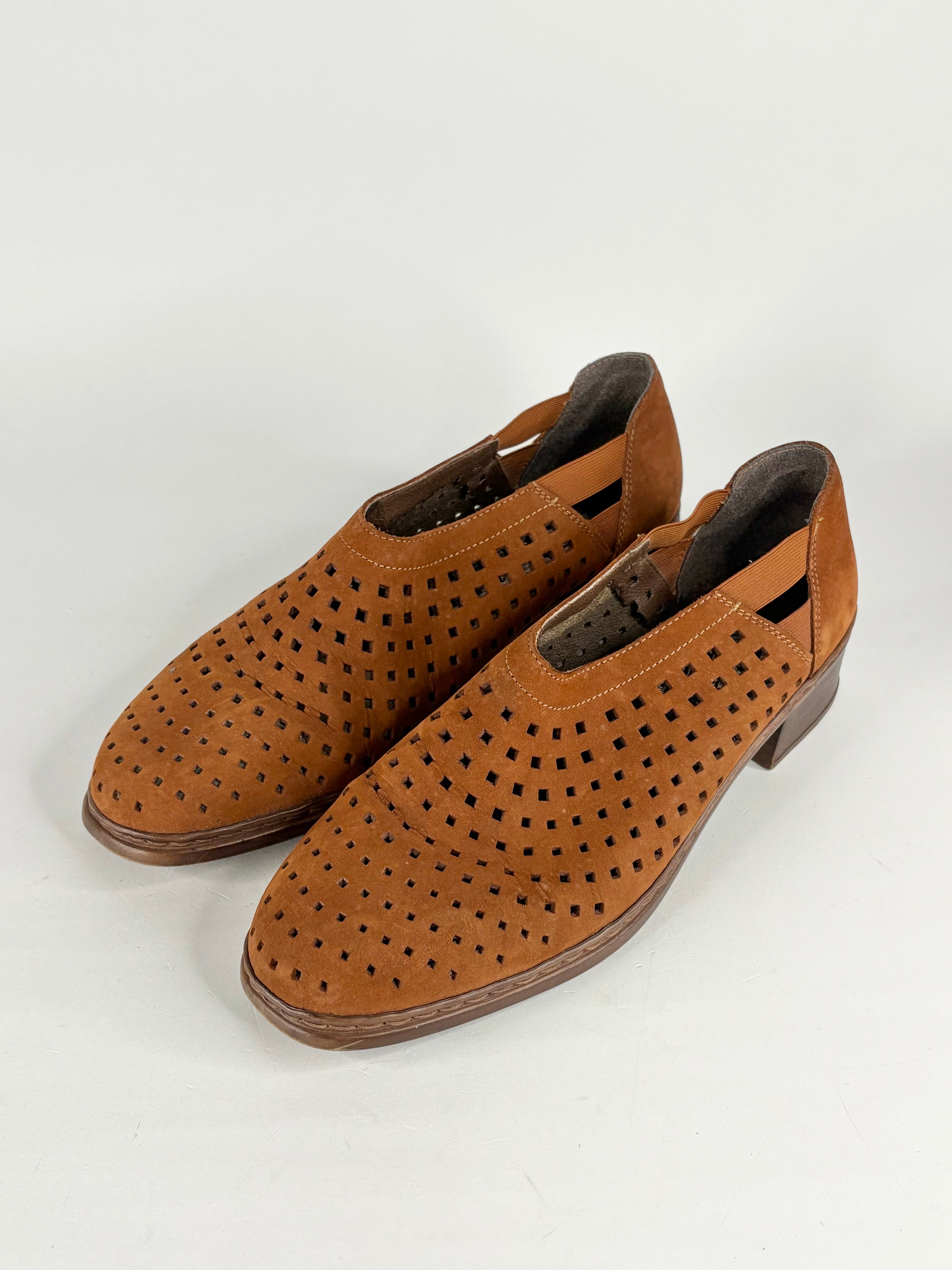 Rieker Tan Leather Perforated Slip Ons - EU42