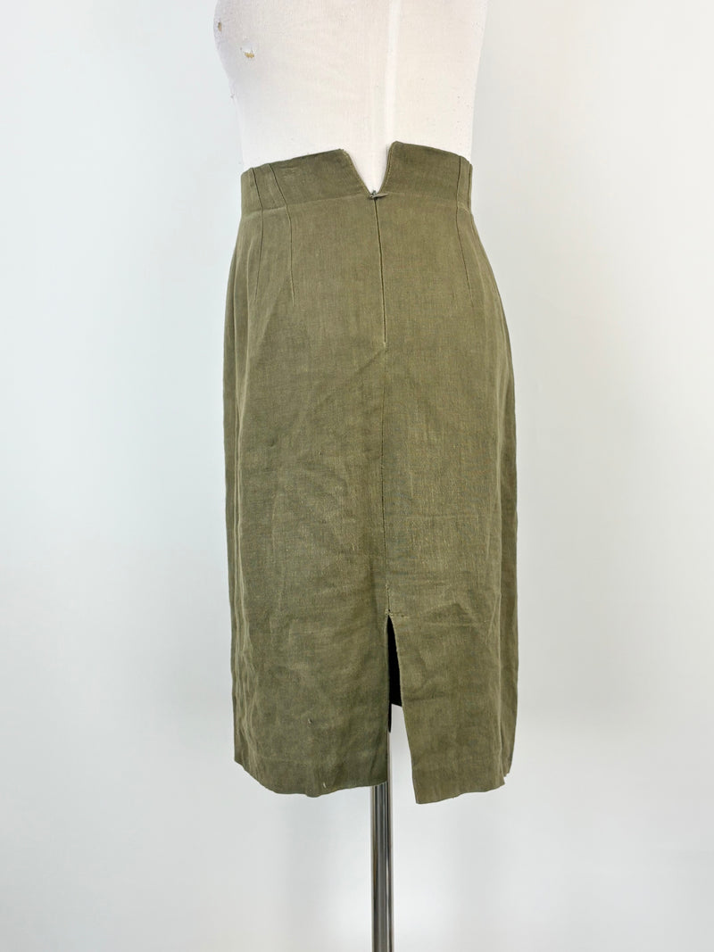 Vintage 80s Synonyme Georges Rech Olive Green Linen Midi Skirt - AU10/12