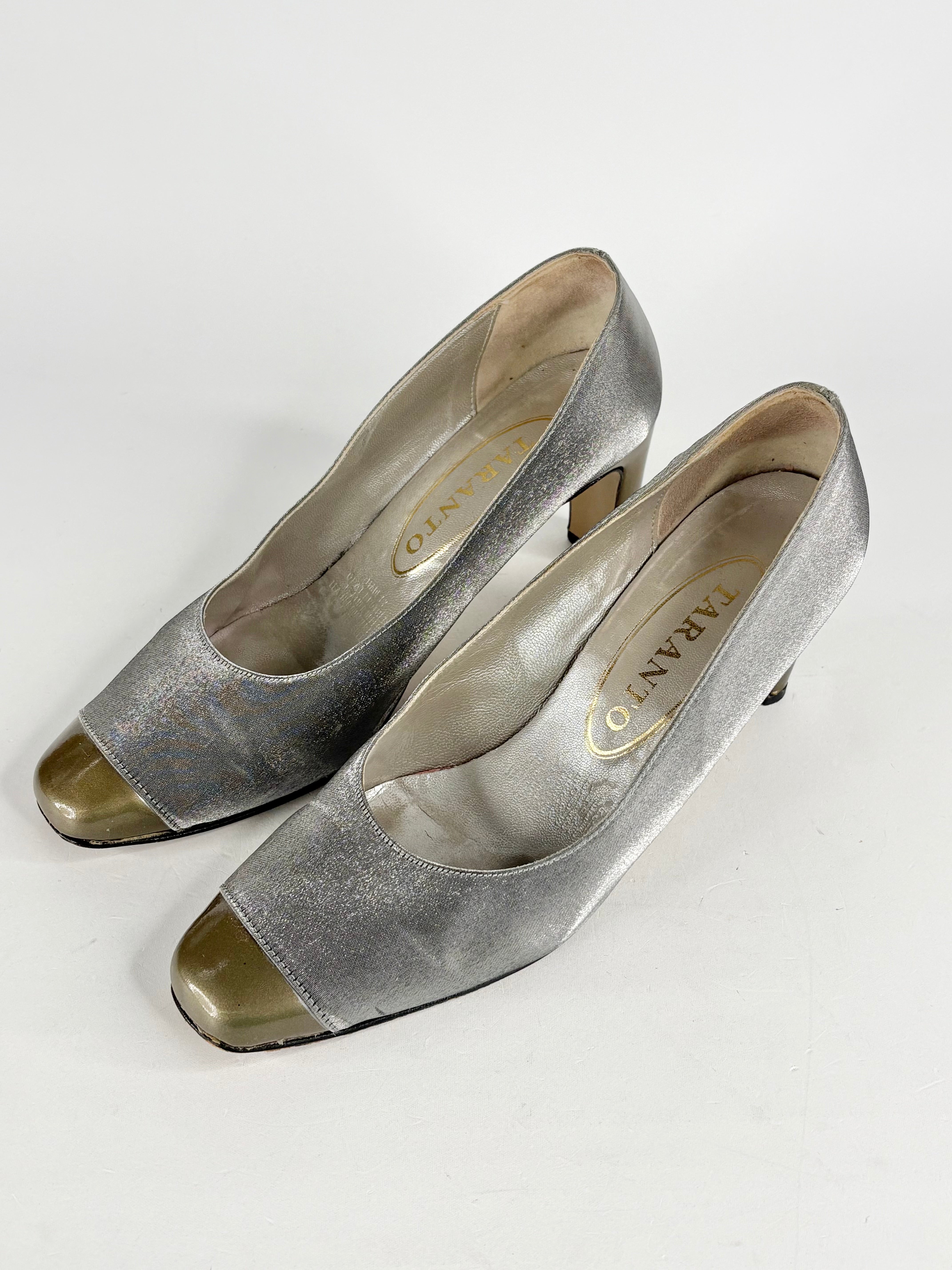 Vintage Taranto Silver Satin & Gold Toe Pumps - EU41