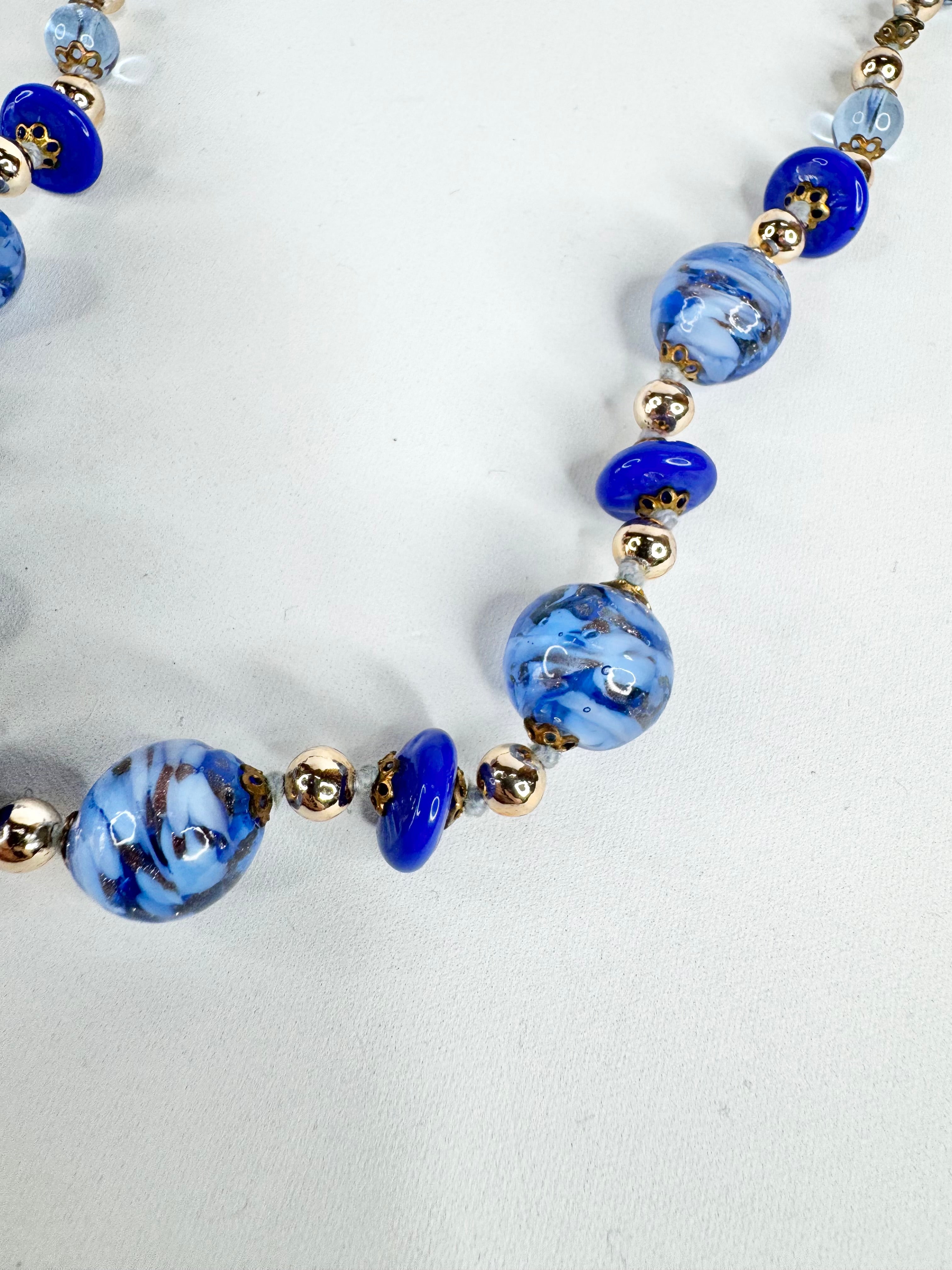 Vintage 90s Blue & Gold Glass Bead Necklace